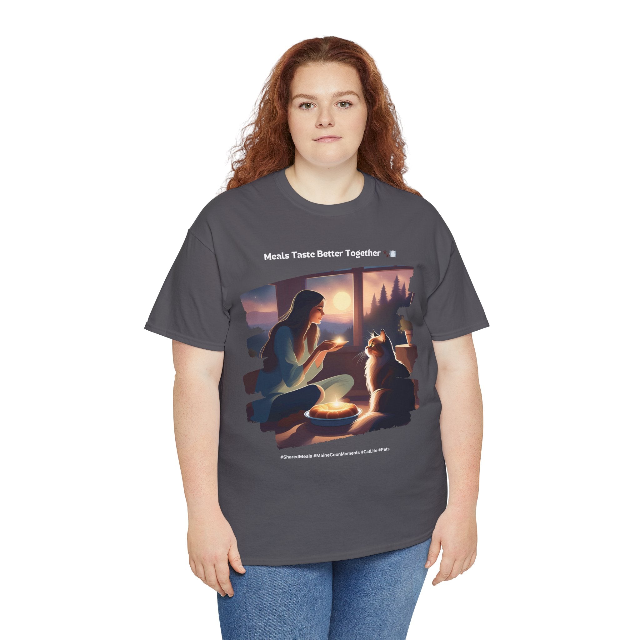 Women’s “Meals Taste Better Together” Maine Coon T‑Shirt – Meal Buddy Cat Gift