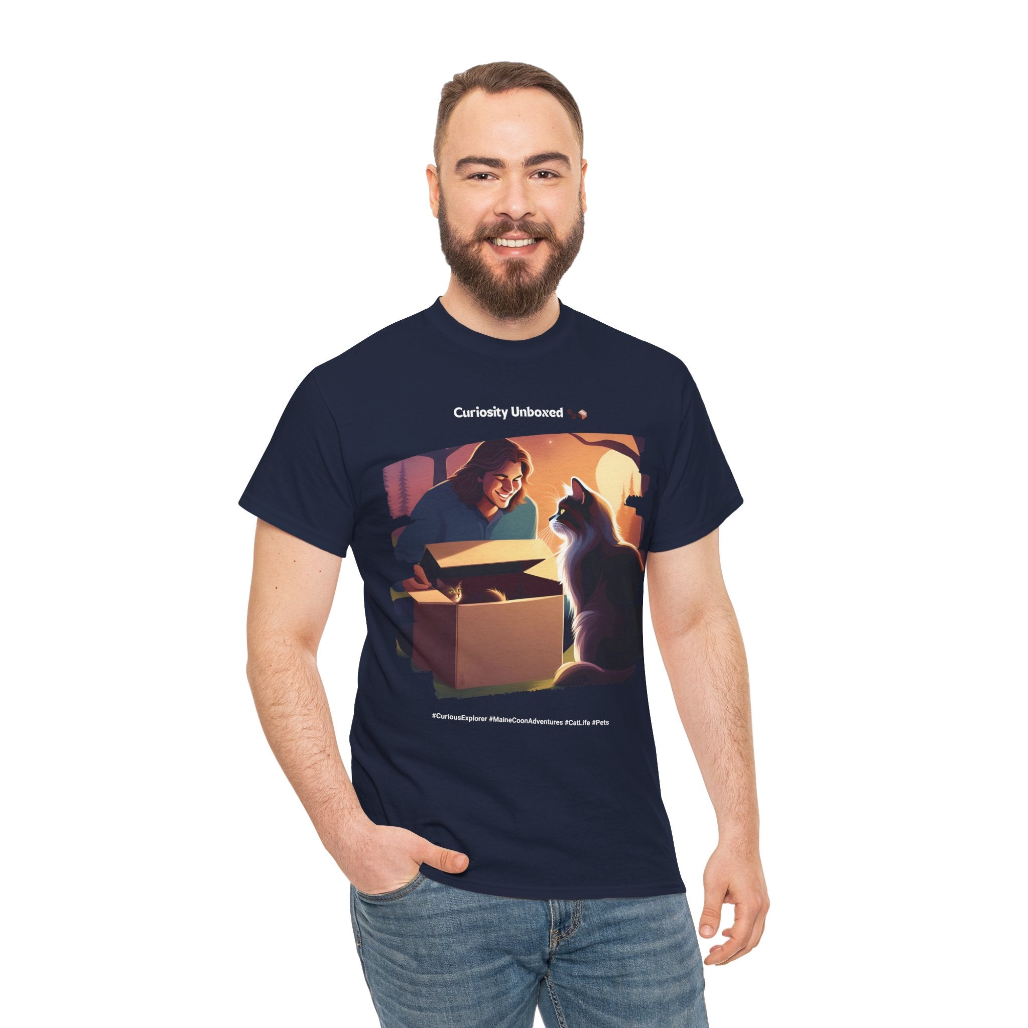 Men’s “Curiosity Unboxed” Maine Coon T‑Shirt – Adventurous Cat Dad Gift