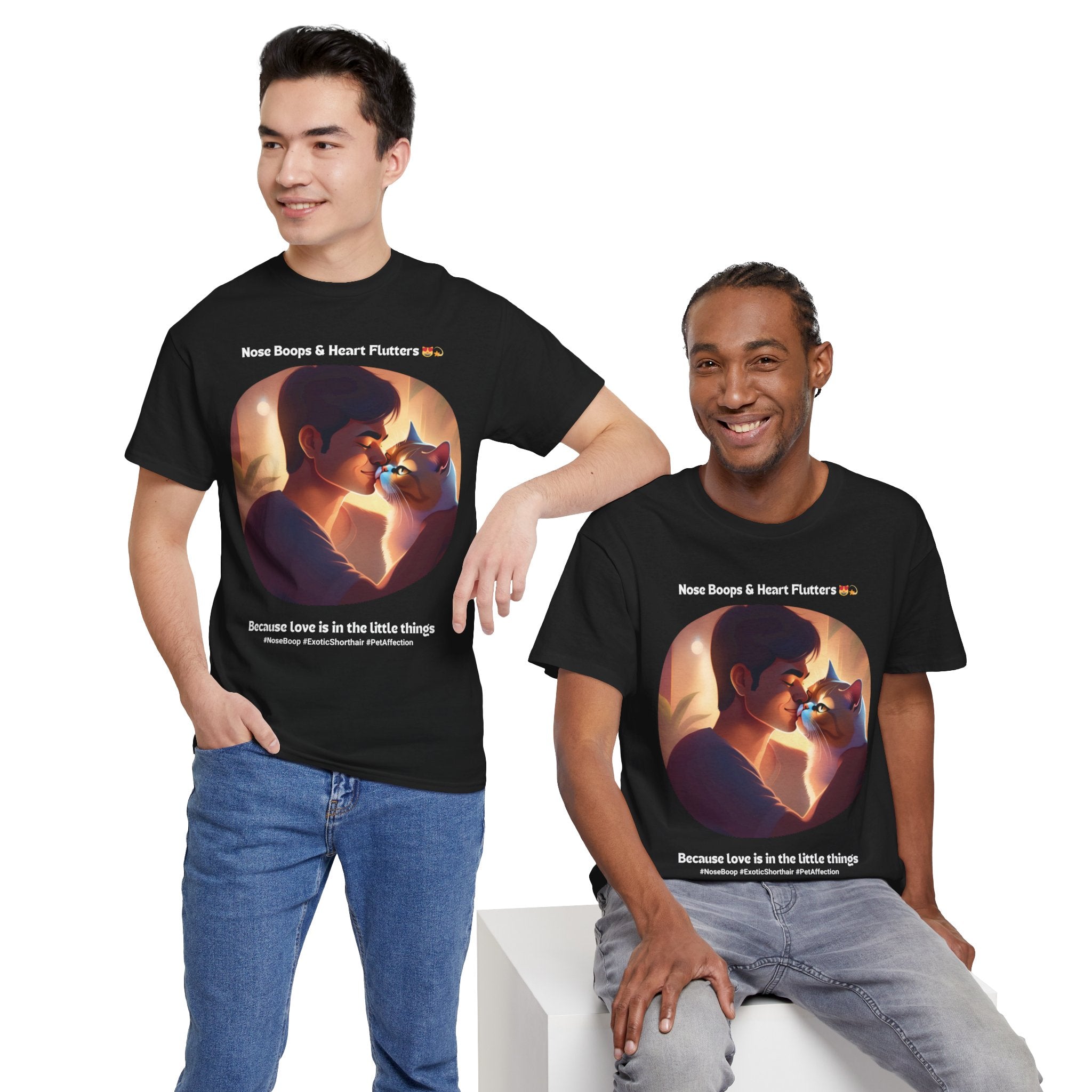 Men’s “Nose Boops & Heart Flutters” Exotic Shorthair T‑Shirt – Adorable Cat Dad Gift