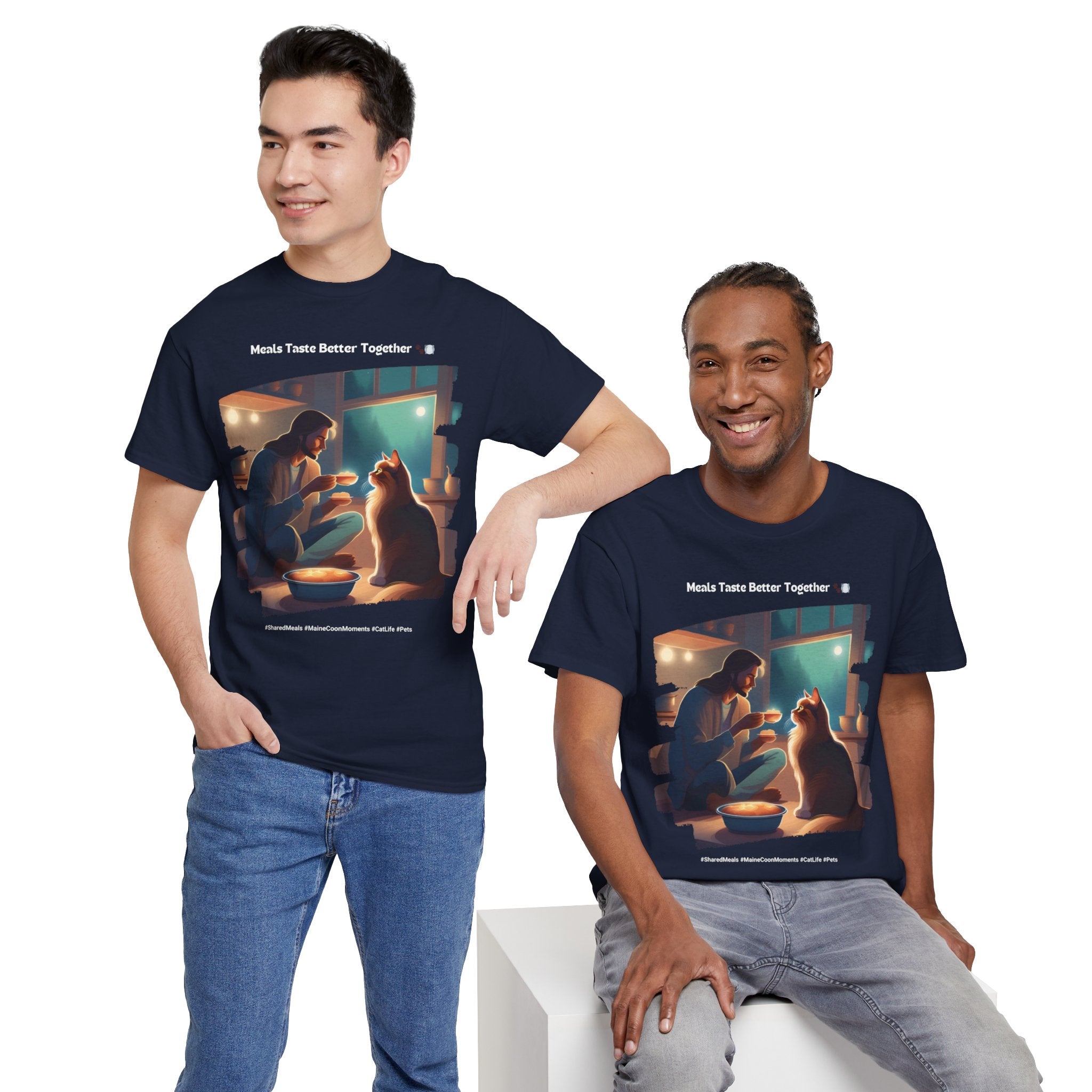 Men’s “Meals Taste Better Together” Maine Coon T‑Shirt – Meal Buddy Cat Dad Gift