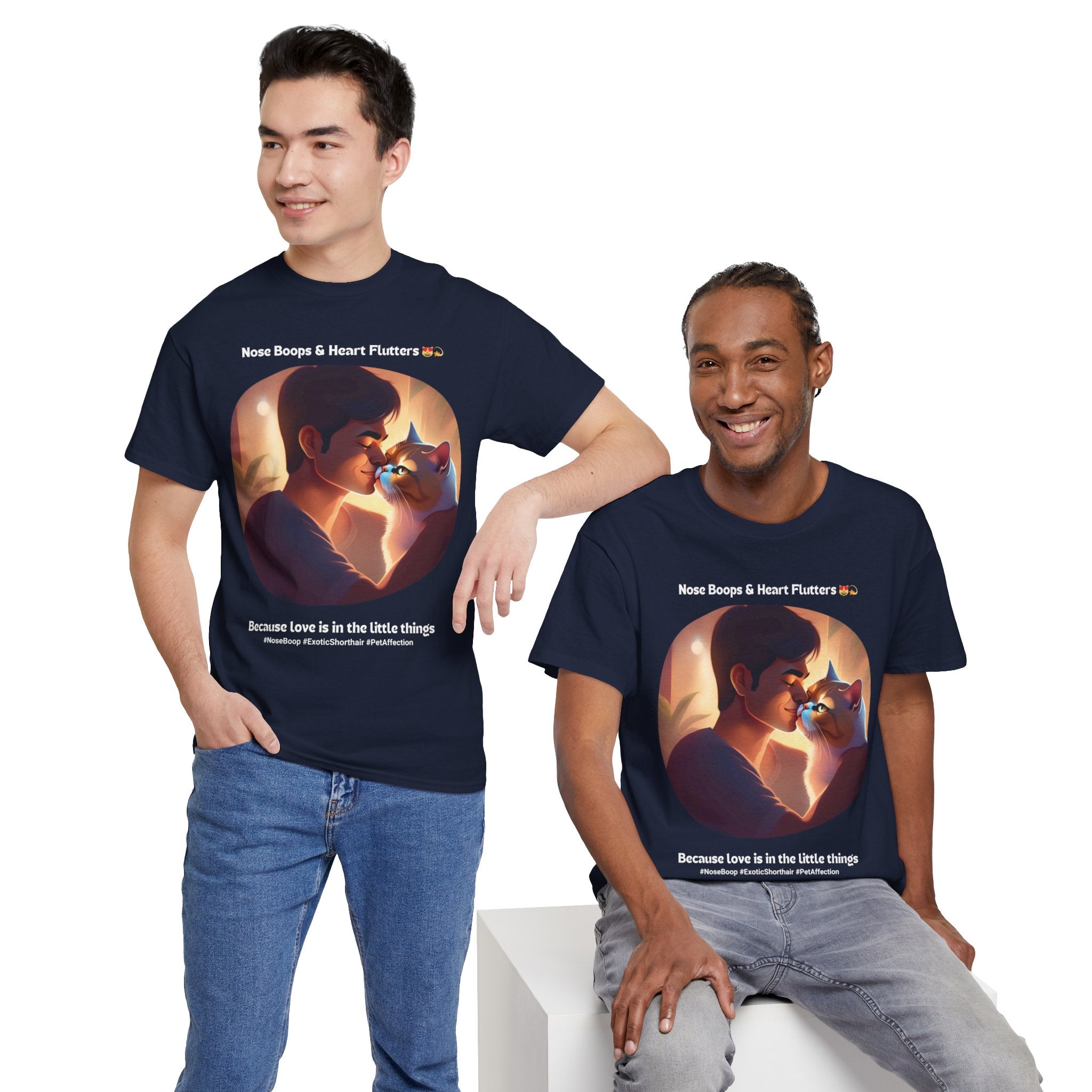 Men’s “Nose Boops & Heart Flutters” Exotic Shorthair T‑Shirt – Adorable Cat Dad Gift