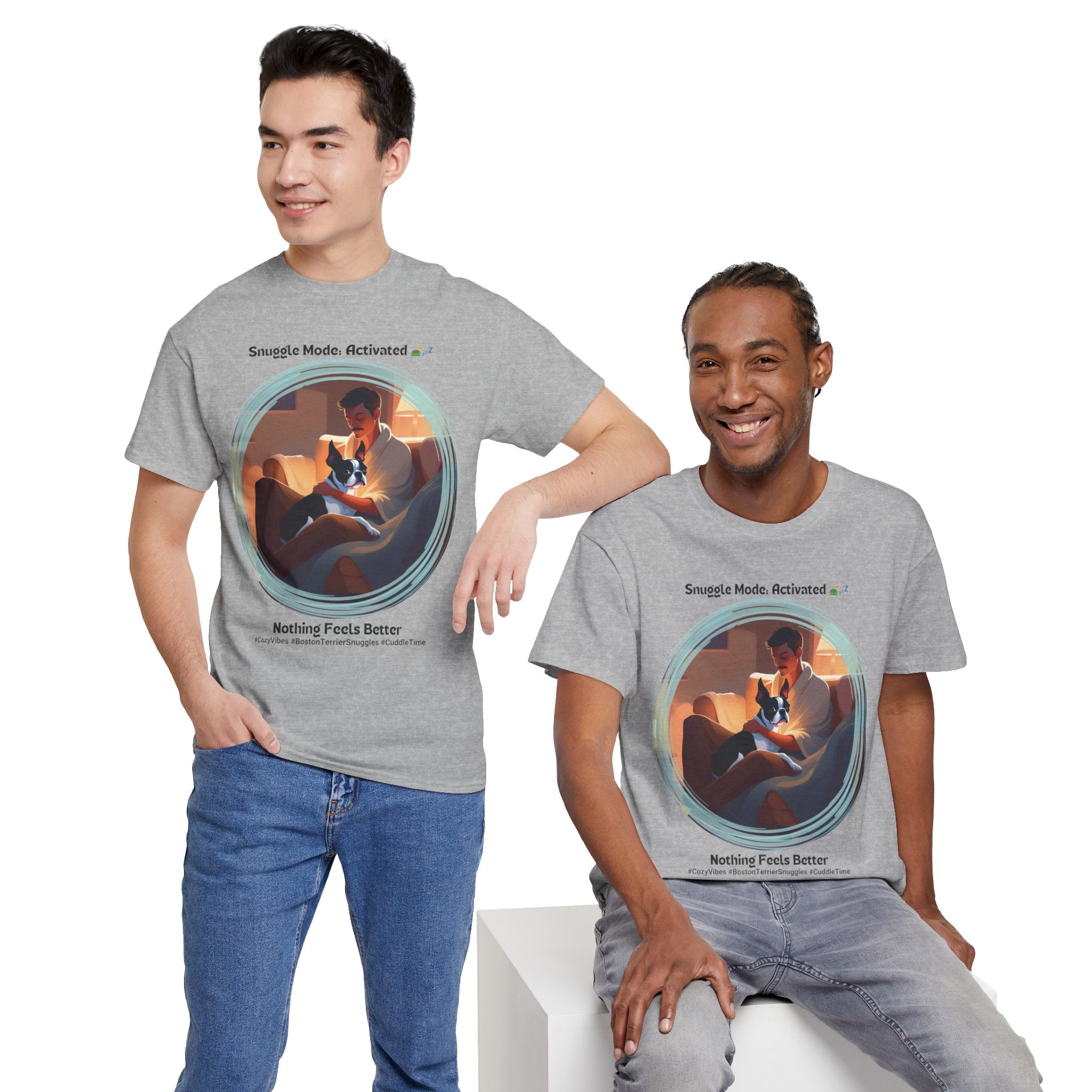 Men’s “Cozy Vibes: Boston Terrier Snuggles” T‑Shirt – Warm Pup Dad Gift