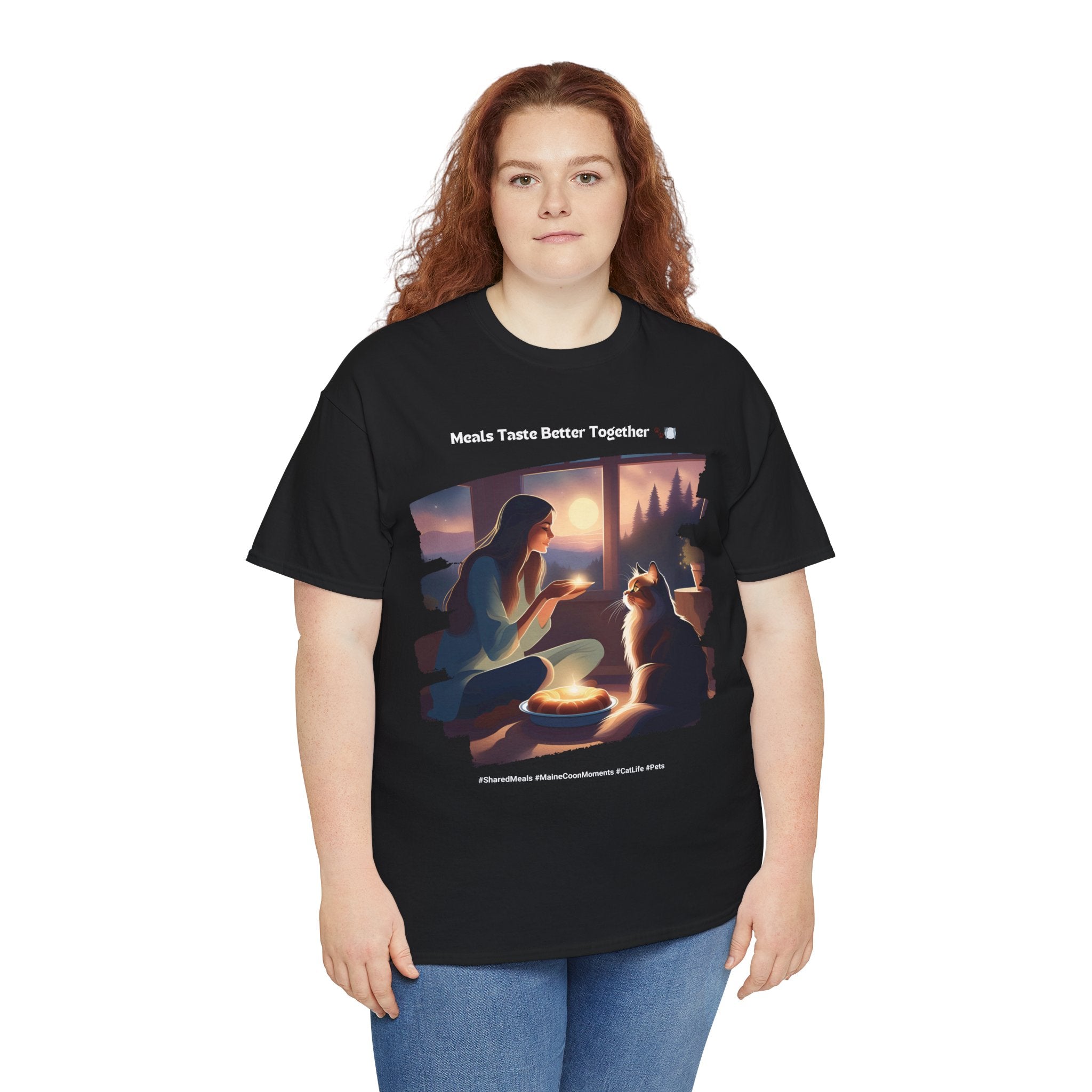 Women’s “Meals Taste Better Together” Maine Coon T‑Shirt – Meal Buddy Cat Gift