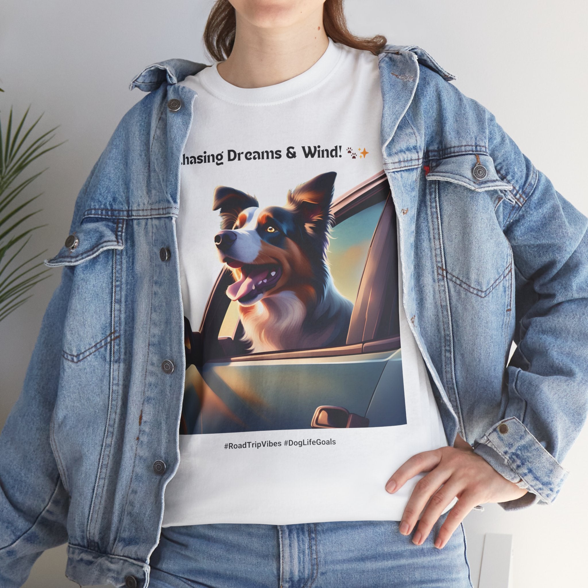 Unisex “Chasing Dreams & Wind” Australian Shepherd T‑Shirt – Adventure Road Tee, Wanderlust Pup Gift