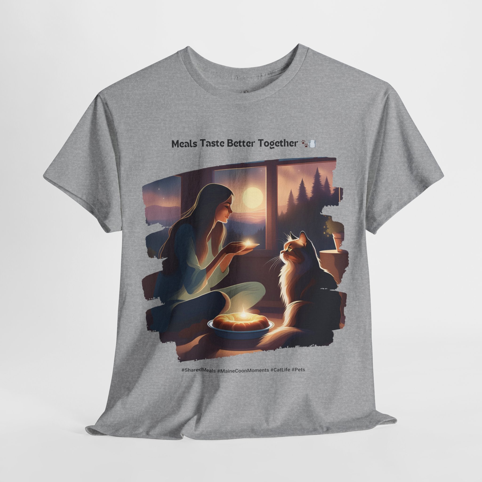 Women’s “Meals Taste Better Together” Maine Coon T‑Shirt – Meal Buddy Cat Gift