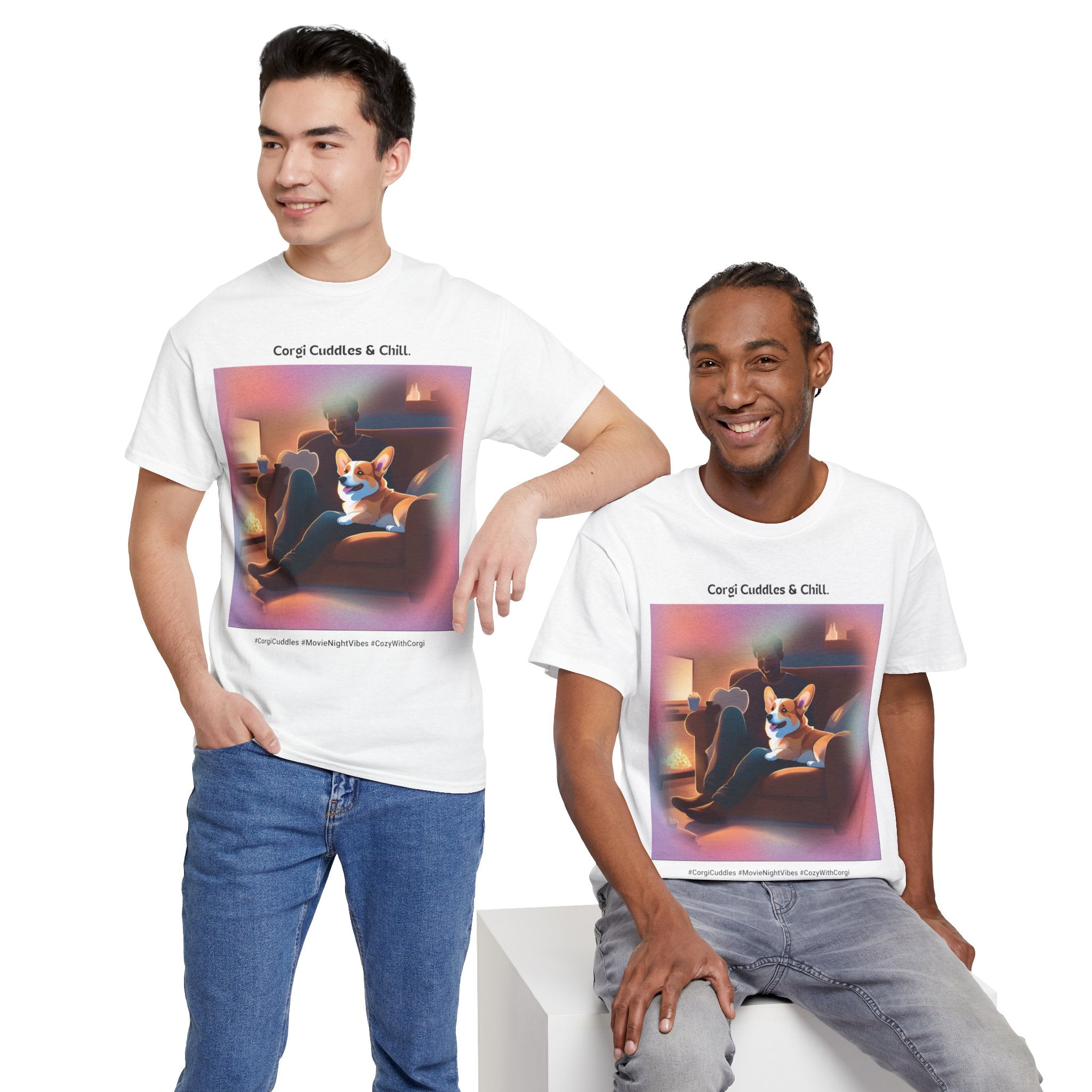 Men’s “Corgi Cuddles & Chill” T-Shirt – Cozy Movie Night, Dog Dad Gift