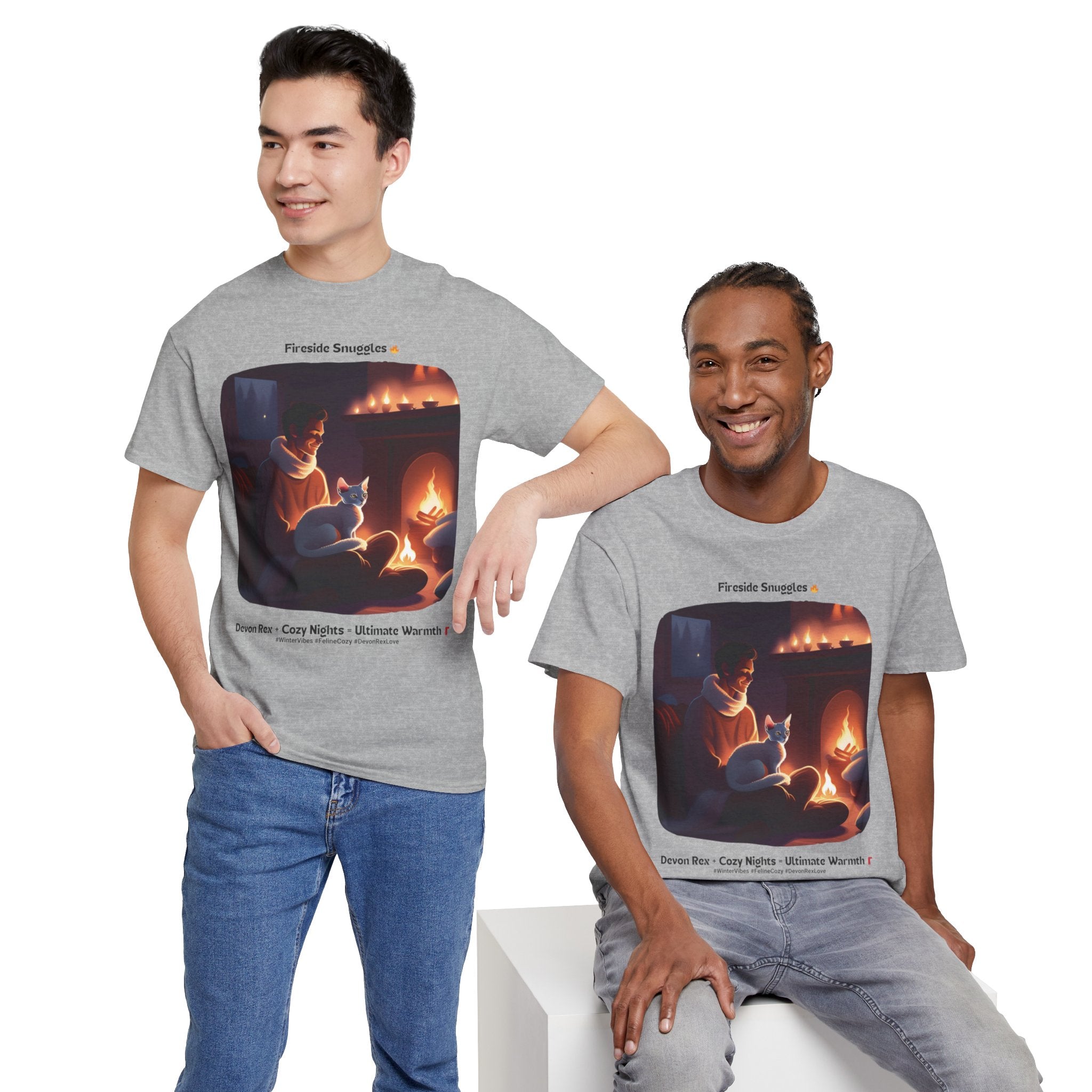 Men’s “Fireside Snuggles with Devon Rex” T‑Shirt – Cozy Cat Dad Gift