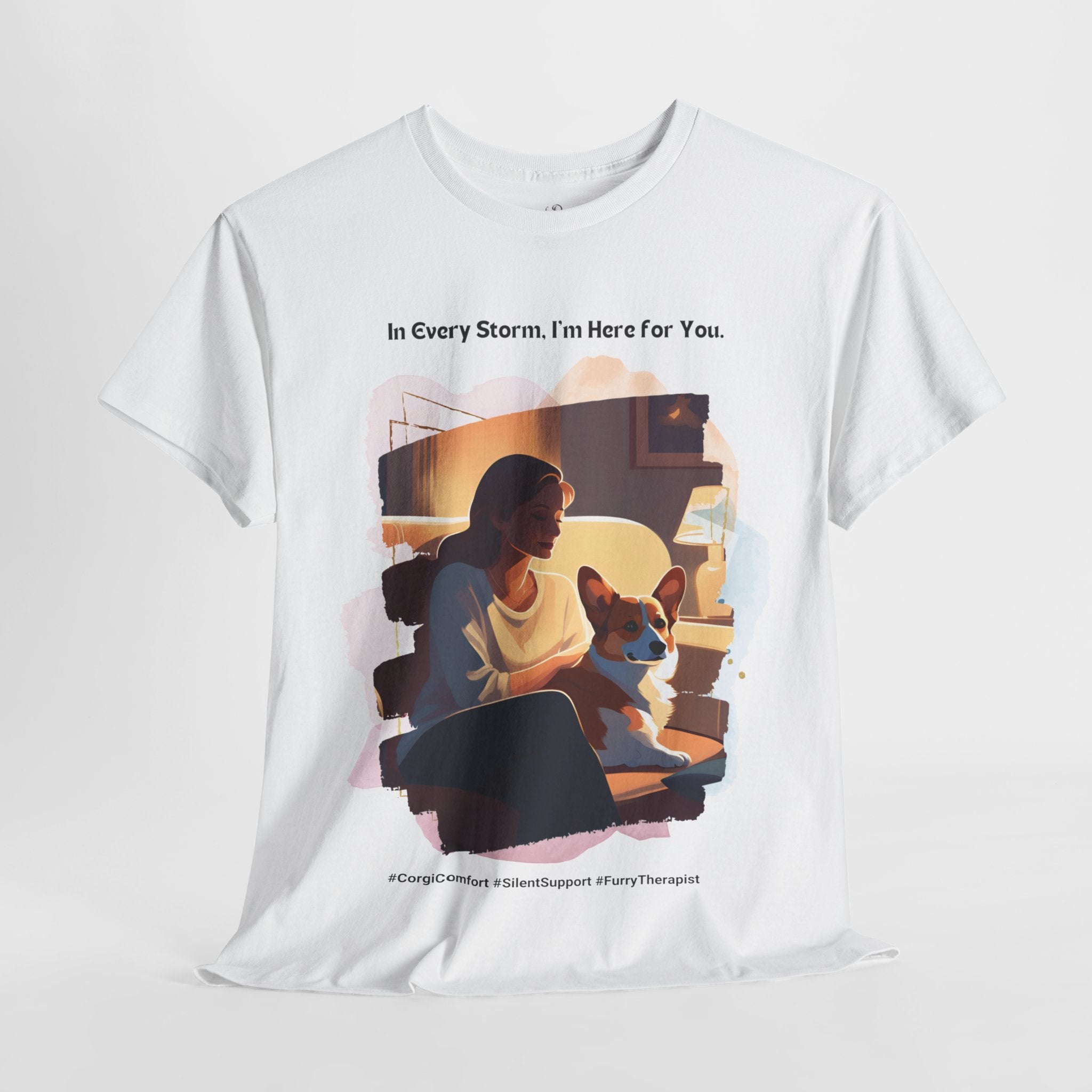 Women’s “In Every Storm, I’m Here for You” Corgi T-Shirt – Comfort Pup, Dog Mom Gift