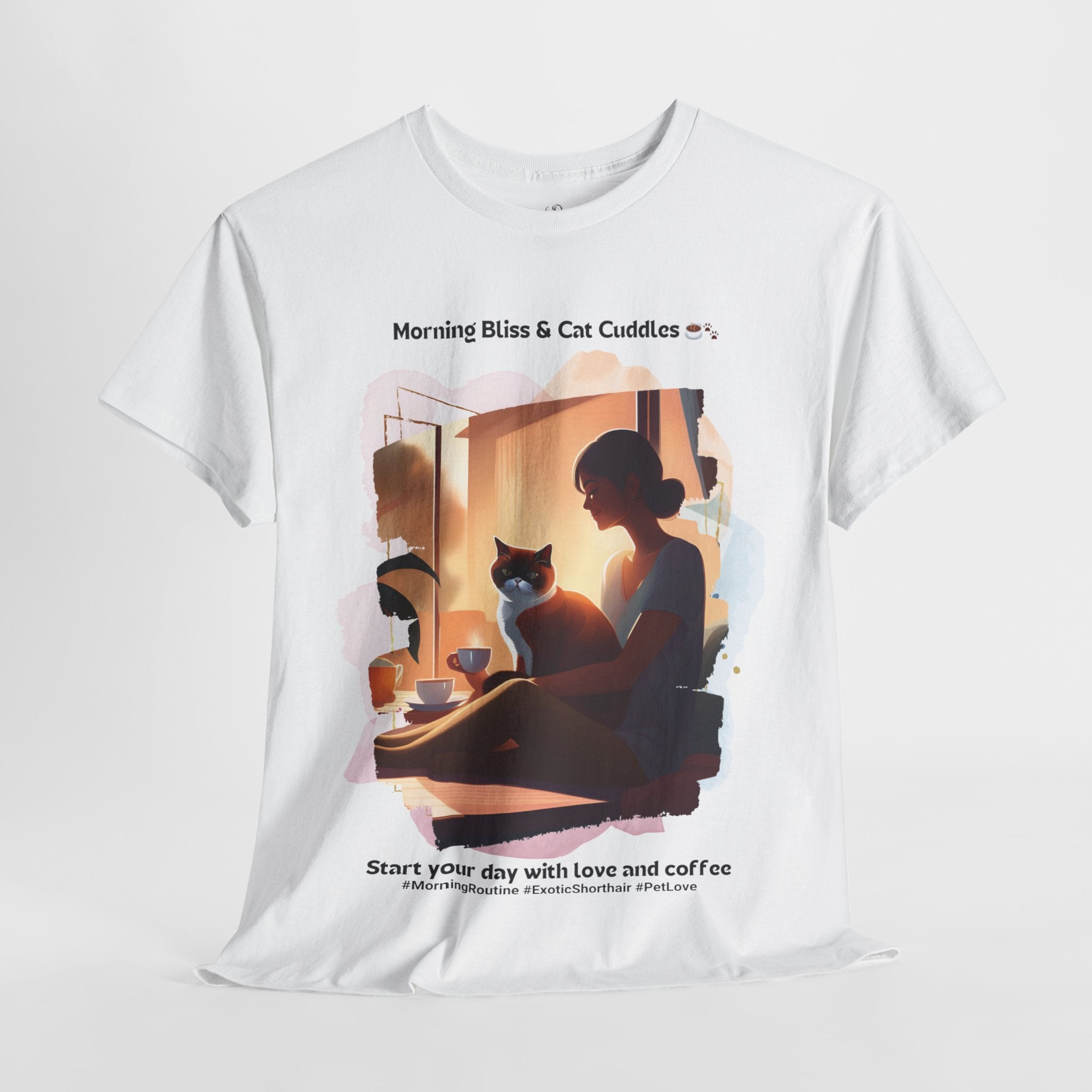 Women’s “Morning Bliss & Cat Cuddles” Exotic Shorthair T‑Shirt – Cuddle Cat Mom Gift