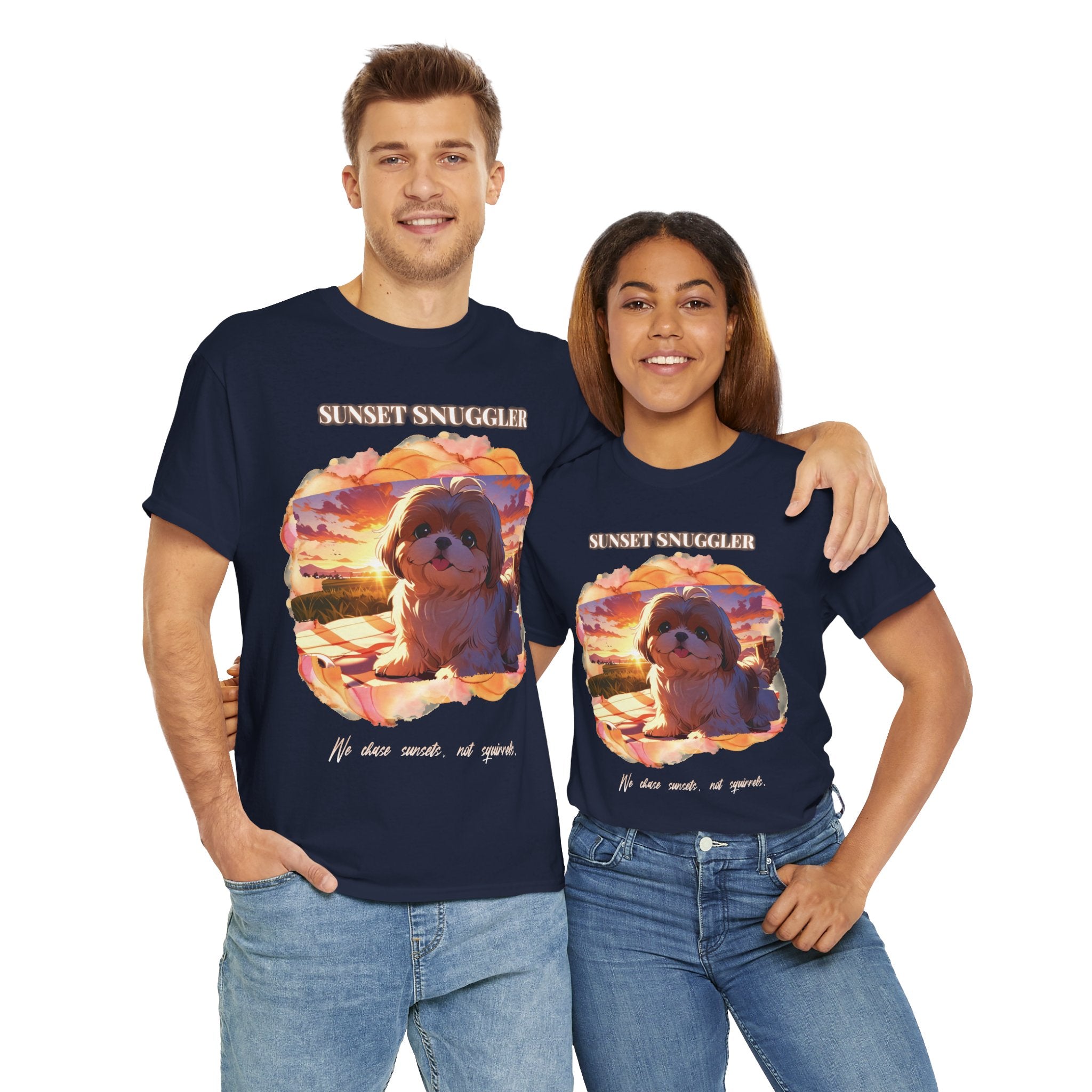 Unisex “Sunset Snuggler” Shih Tzu T-Shirt – Pet Parent Gift, Summer Vibes Tee