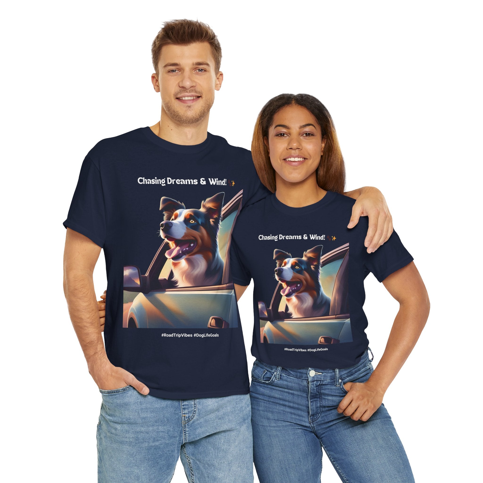 Unisex “Chasing Dreams & Wind” Australian Shepherd T‑Shirt – Adventure Road Tee, Wanderlust Pup Gift
