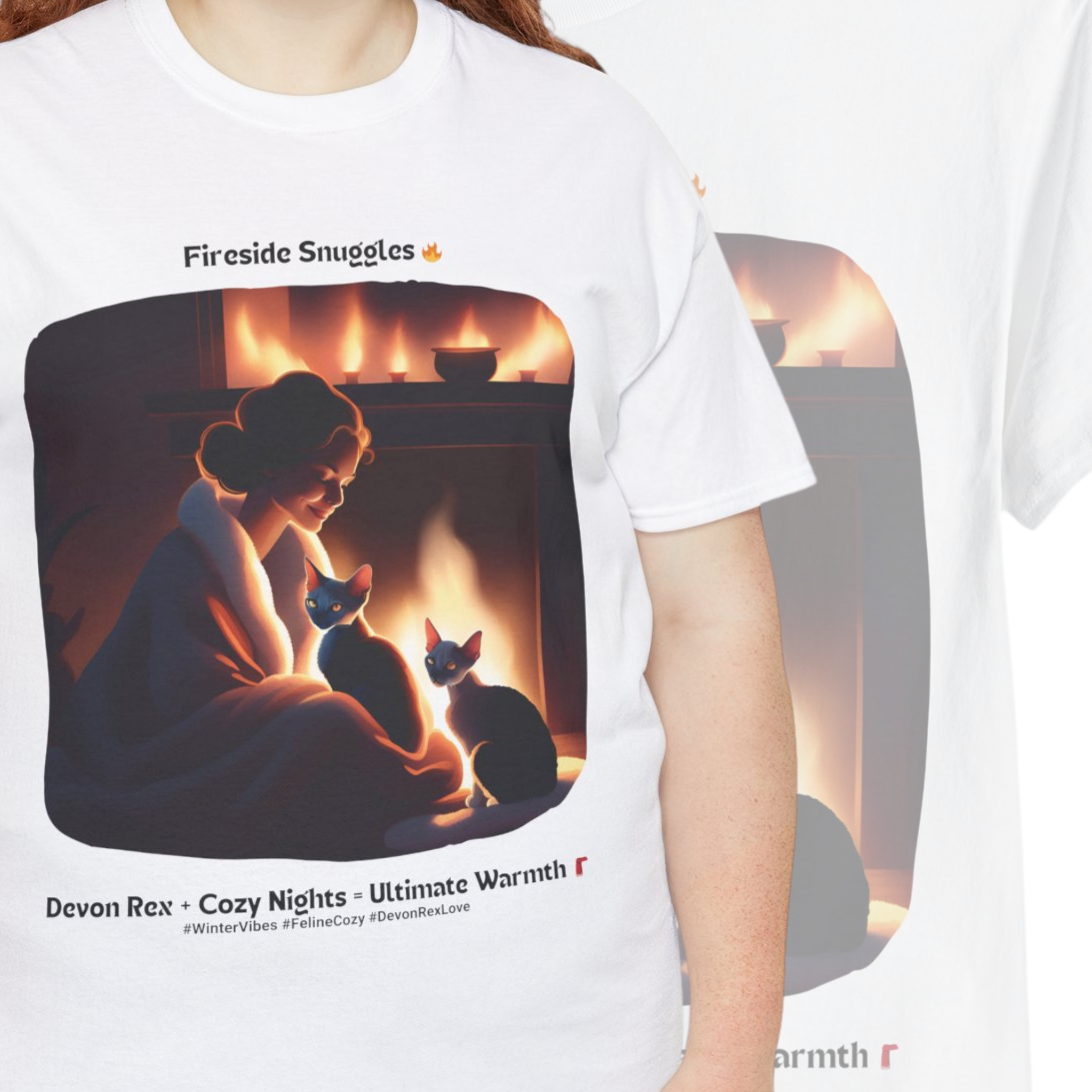 Women’s “Fireside Snuggles with Devon Rex” T‑Shirt – Cozy Cat Mom Gift