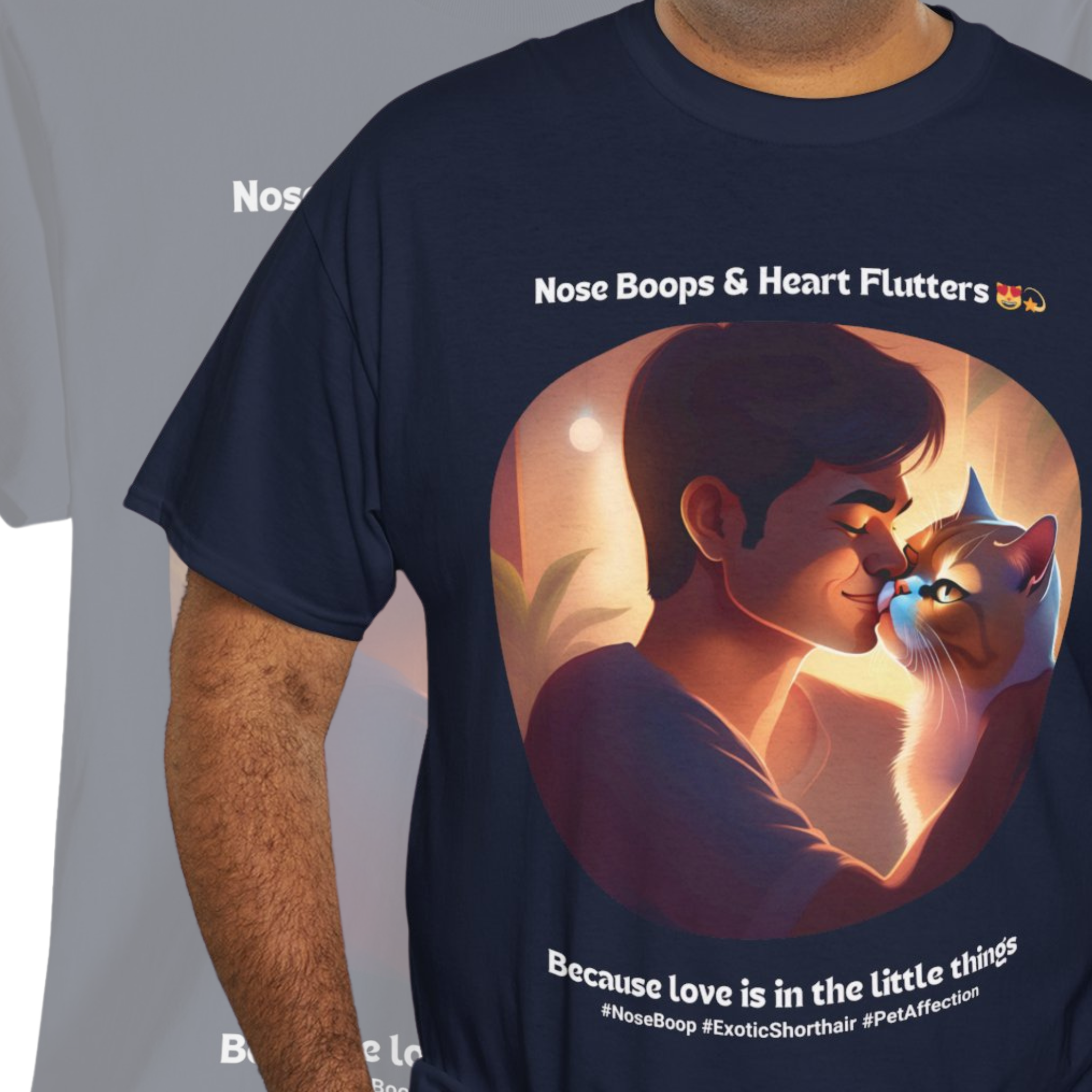 Men’s “Nose Boops & Heart Flutters” Exotic Shorthair T‑Shirt – Adorable Cat Dad Gift