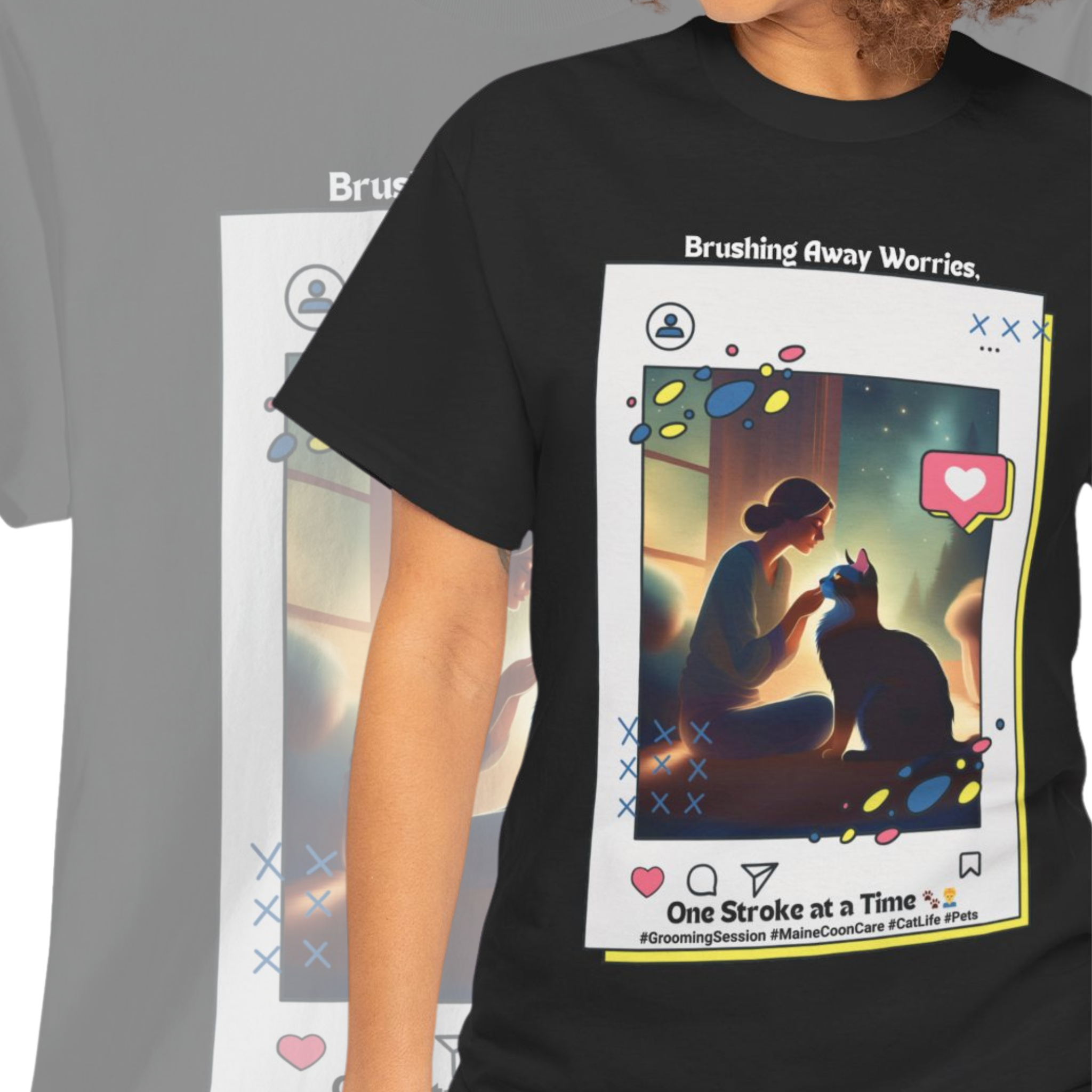 Women’s “Brushing Away Worries” Maine Coon T‑Shirt – Relaxing Grooming Tee