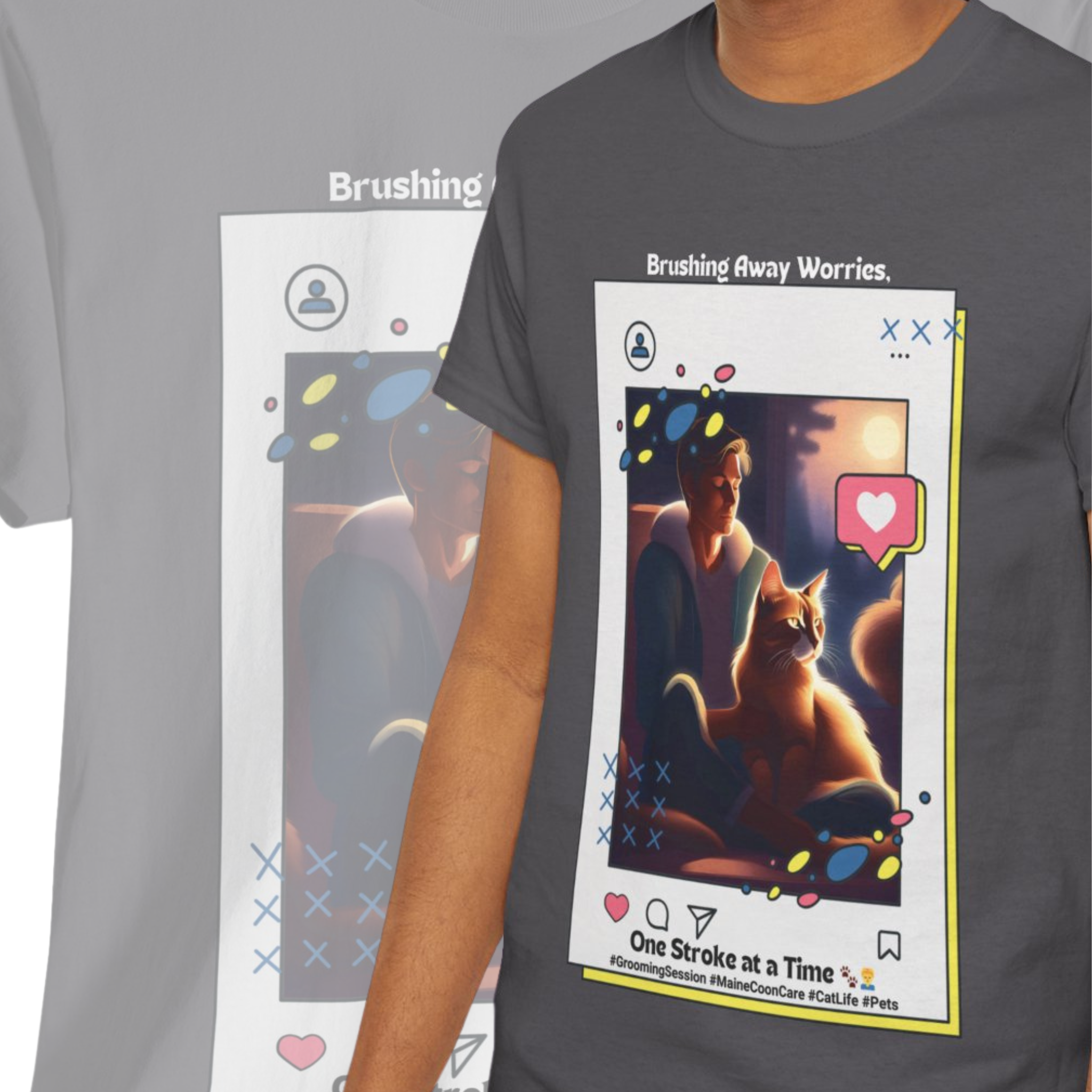 Men’s “Brushing Away Worries” Maine Coon T‑Shirt – Relaxation Cat Dad Gift