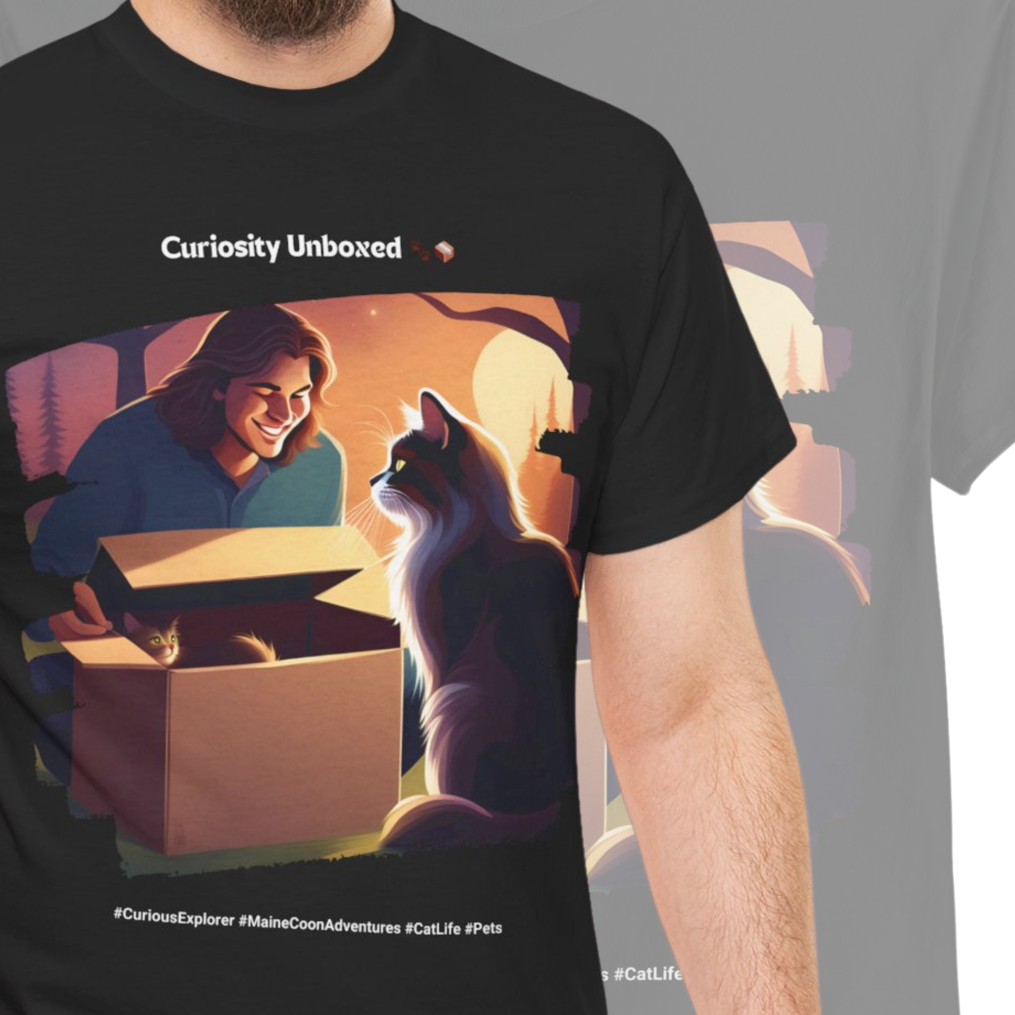 Men’s “Curiosity Unboxed” Maine Coon T‑Shirt – Adventurous Cat Dad Gift