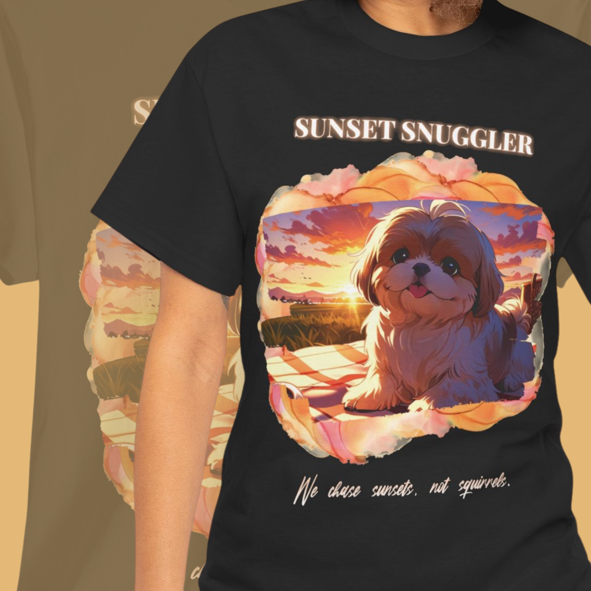 Unisex “Sunset Snuggler” Shih Tzu T-Shirt – Pet Parent Gift, Summer Vibes Tee