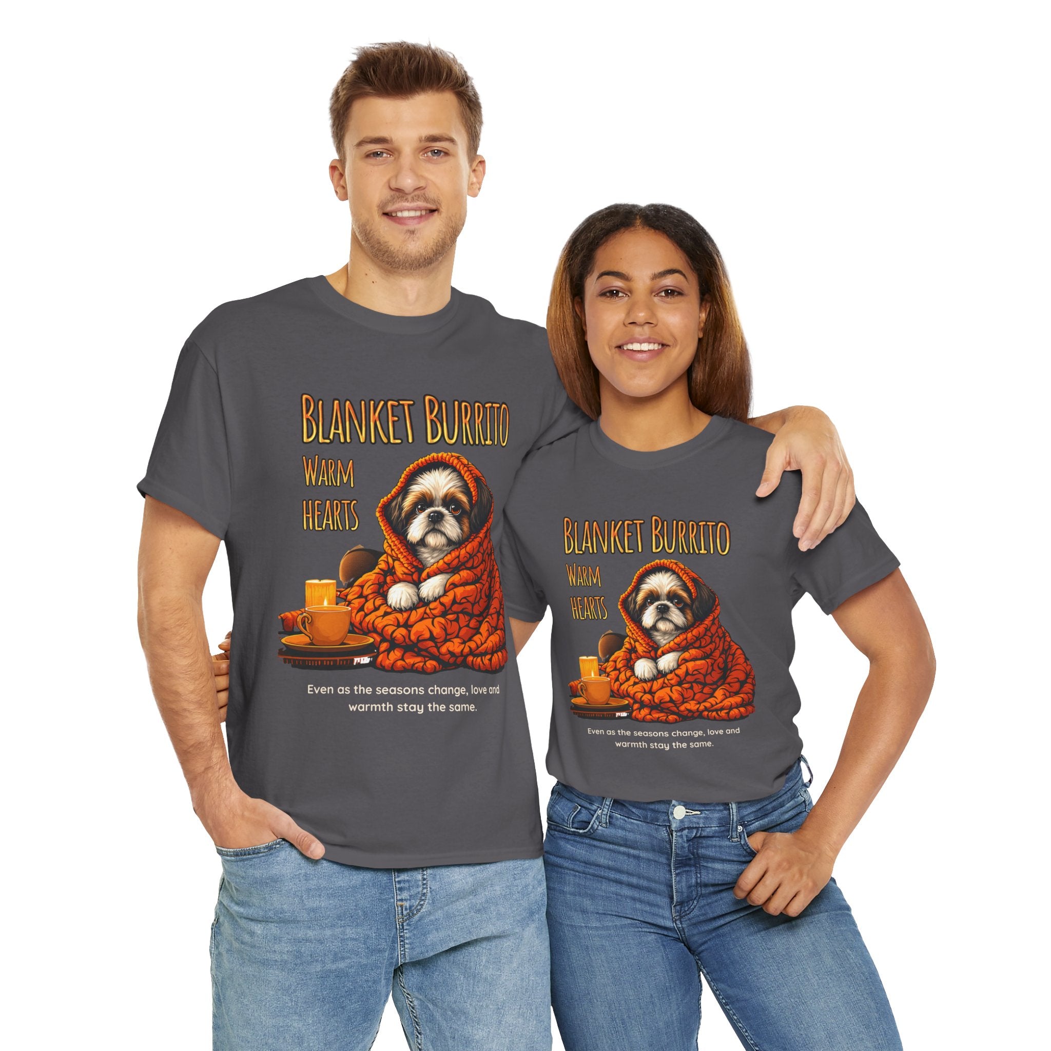 Unisex T-Shirt – Blanket Burrito, Warm Hearts: Cozy Fall Moments with Your Shih Tzu