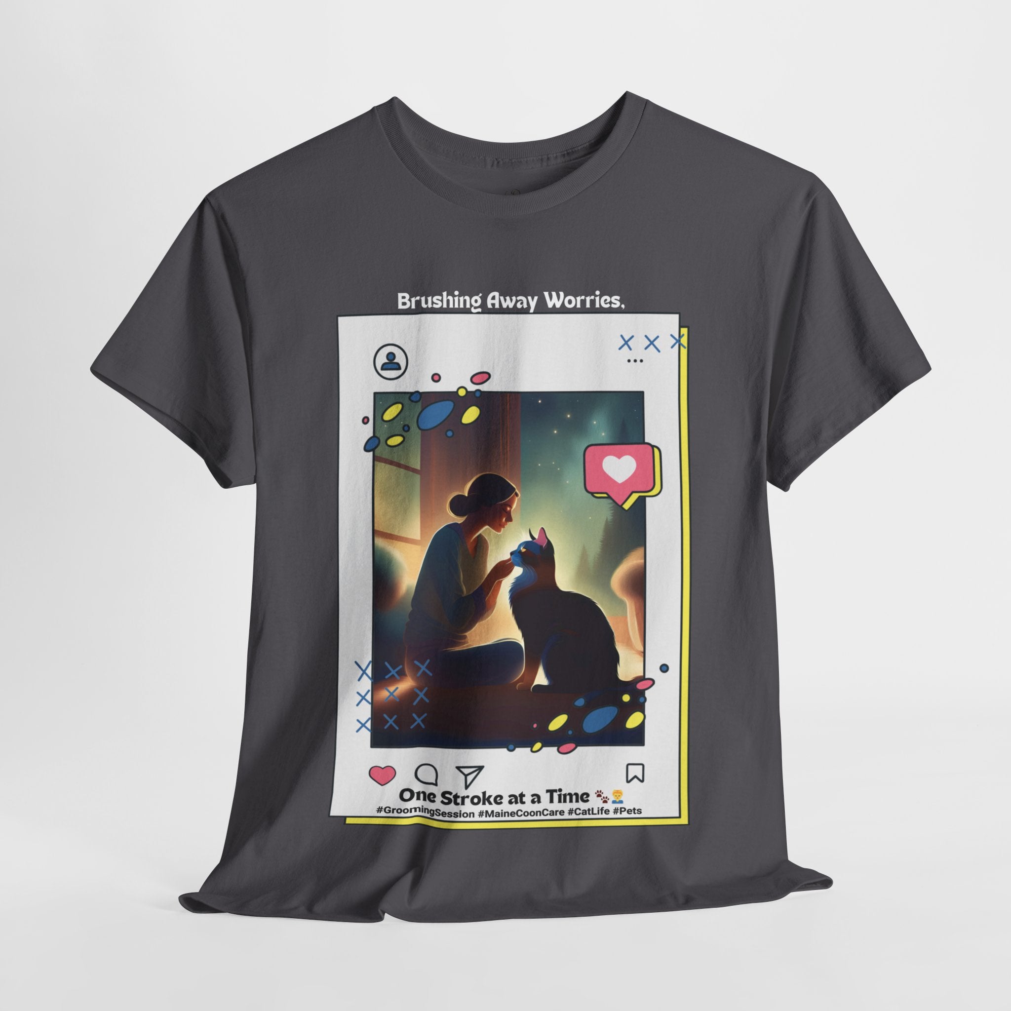 Women’s “Brushing Away Worries” Maine Coon T‑Shirt – Relaxing Grooming Tee