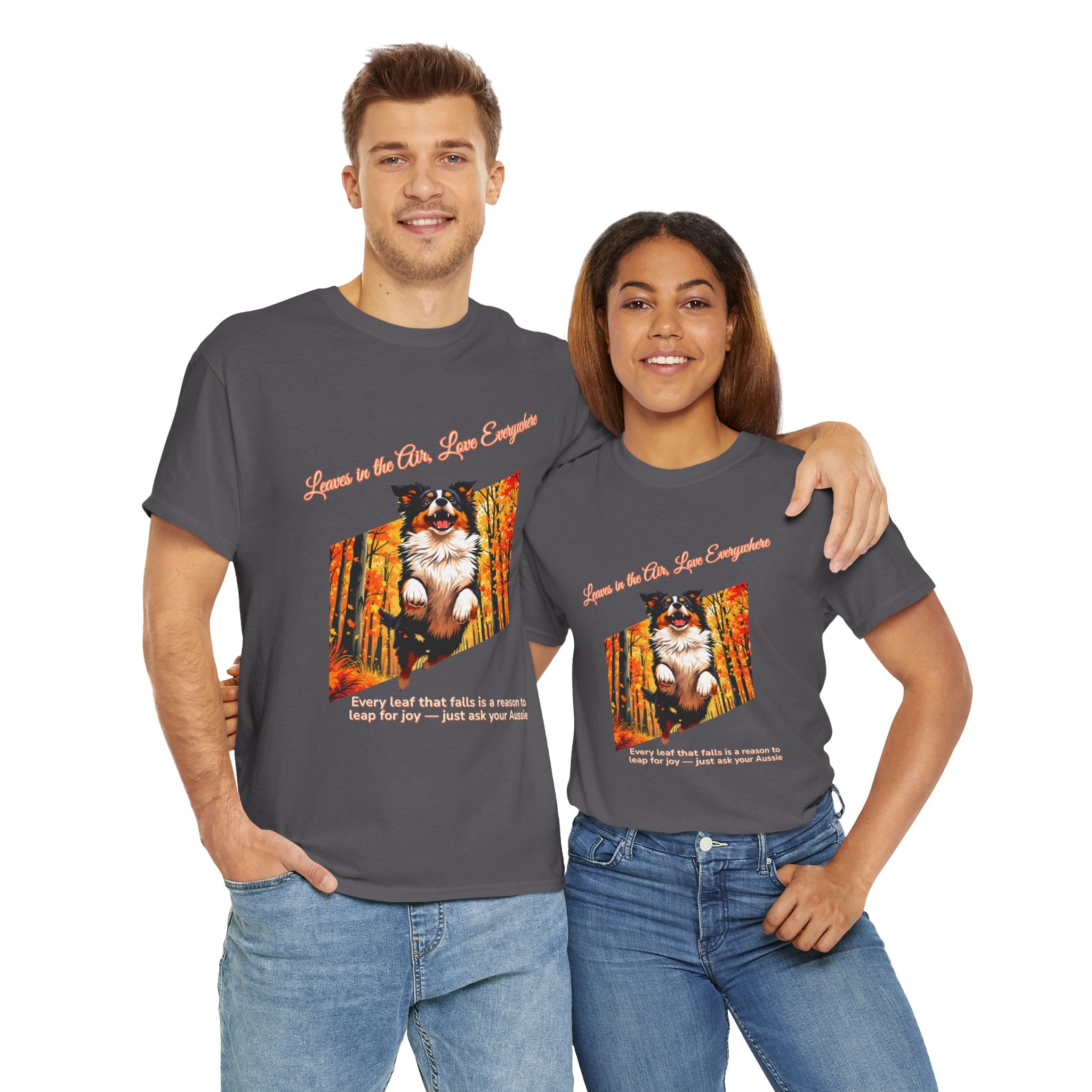 Unisex T-Shirt – Leaves in the Air, Love Everywhere: Australian Shepherd Autumn Shirt