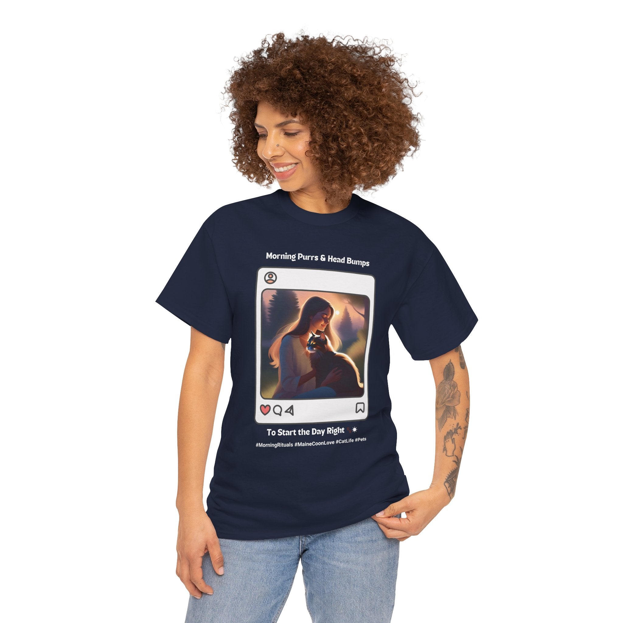 Women’s “Morning Purrs & Head Bumps” Maine Coon T‑Shirt – Uplifting Cat Mom Gift