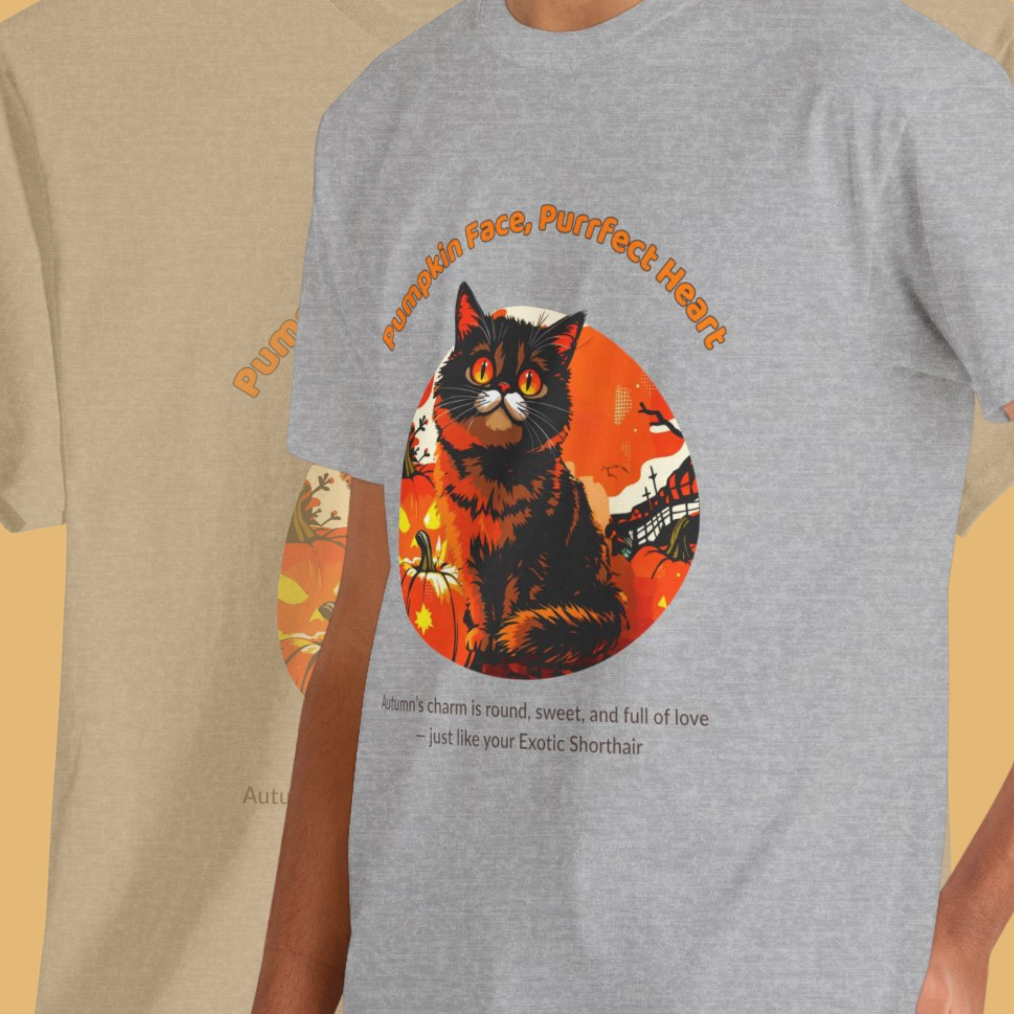 Unisex T-Shirt – Pumpkin Face, Purrfect Heart: Exotic Shorthair Fall Shirt