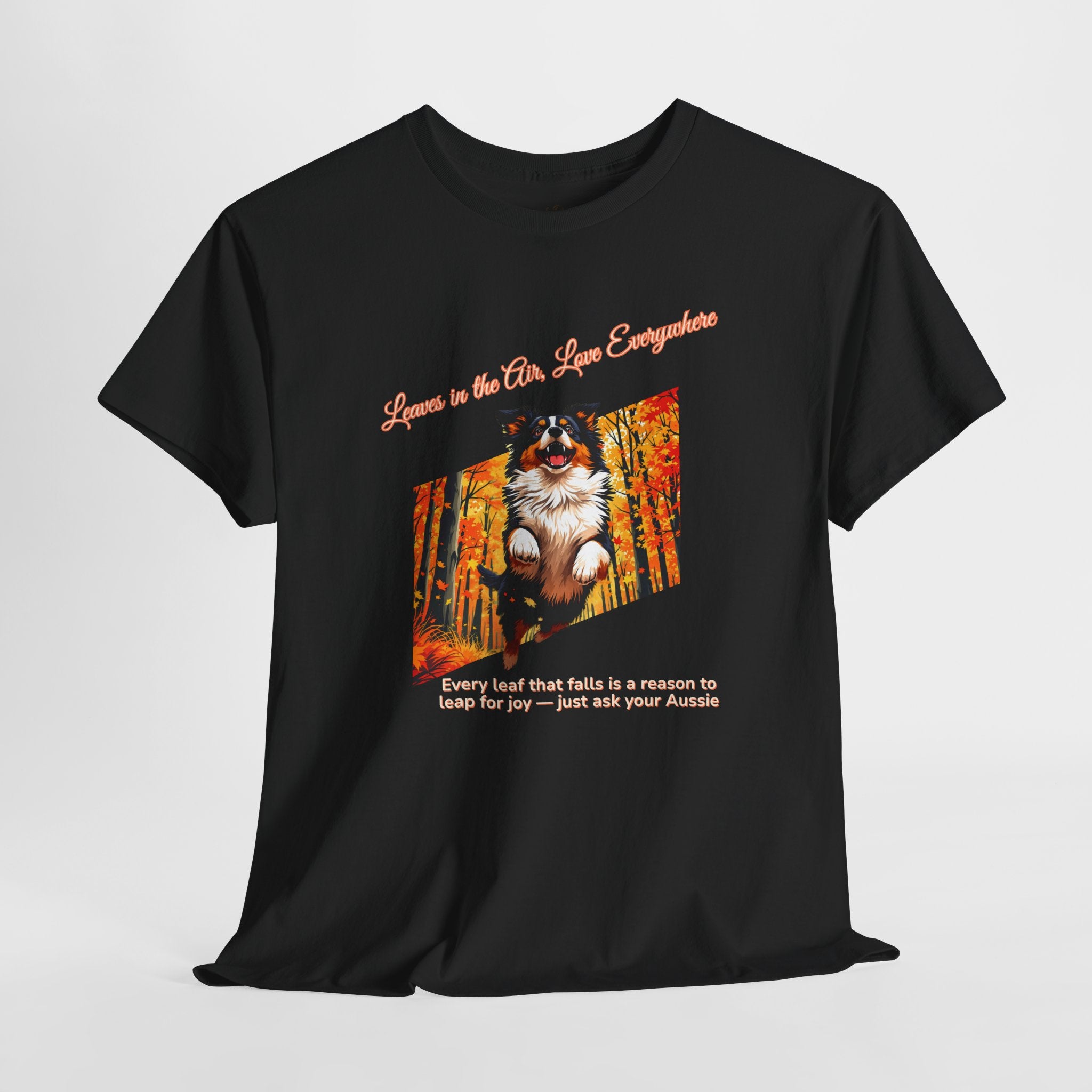 Unisex T-Shirt – Leaves in the Air, Love Everywhere: Australian Shepherd Autumn Shirt