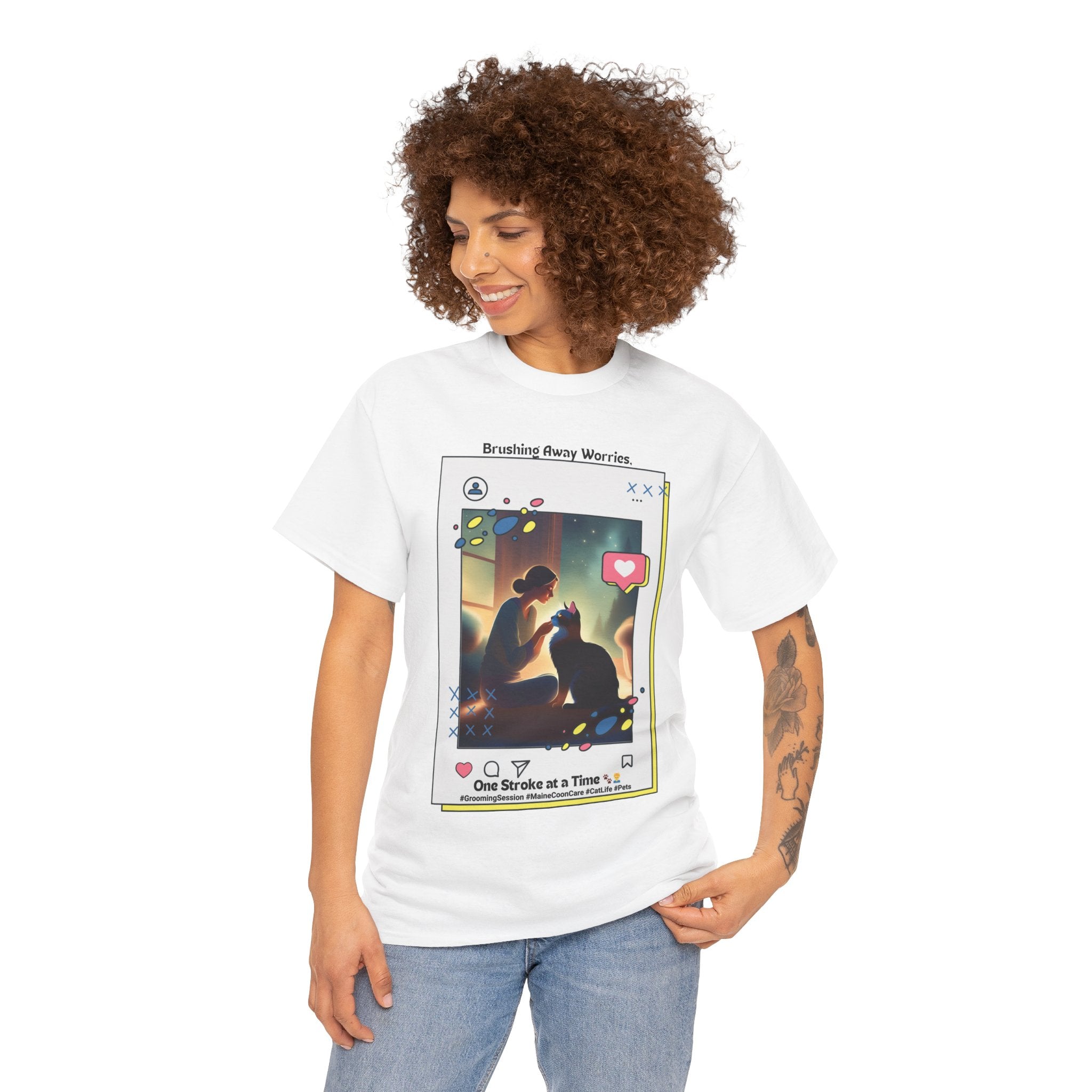 Women’s “Brushing Away Worries” Maine Coon T‑Shirt – Relaxing Grooming Tee