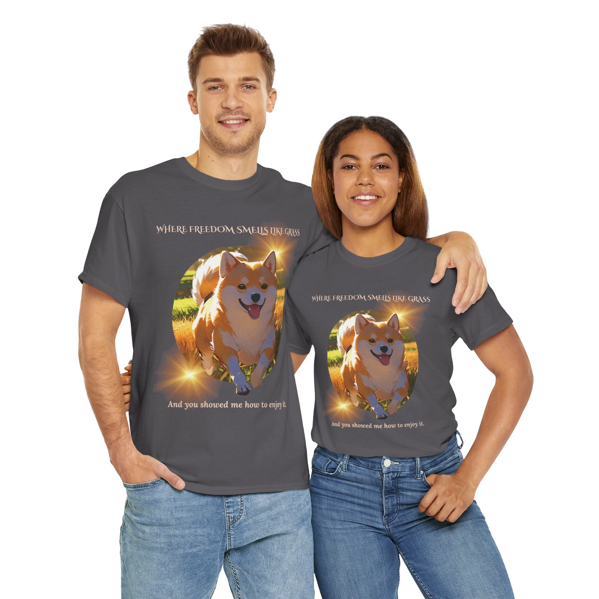 Unisex “Where Freedom Smells Like Grass” Shiba Inu T-Shirt – Dog Adventure Lover Tee