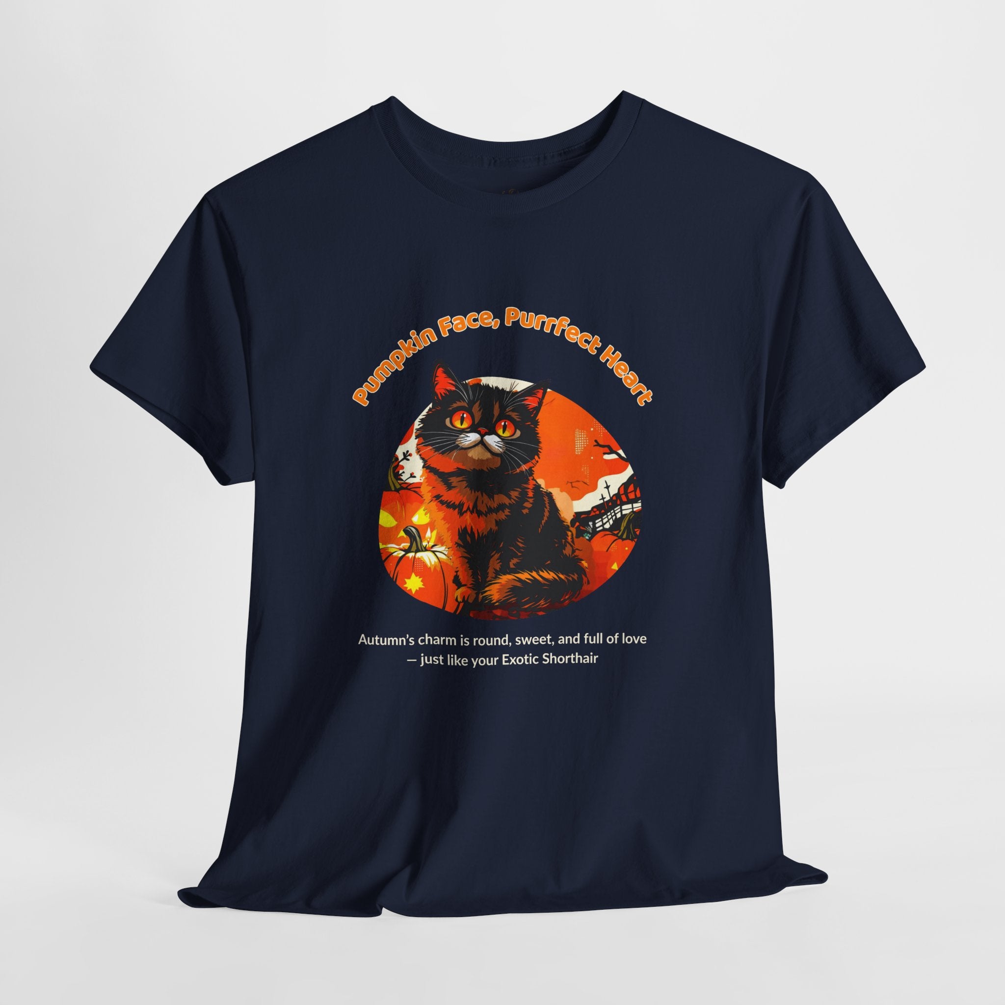 Unisex T-Shirt – Pumpkin Face, Purrfect Heart: Exotic Shorthair Fall Shirt