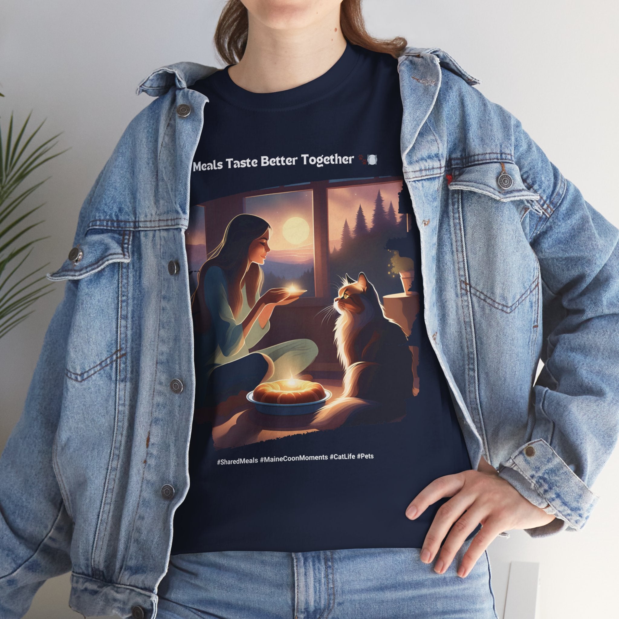 Women’s “Meals Taste Better Together” Maine Coon T‑Shirt – Meal Buddy Cat Gift