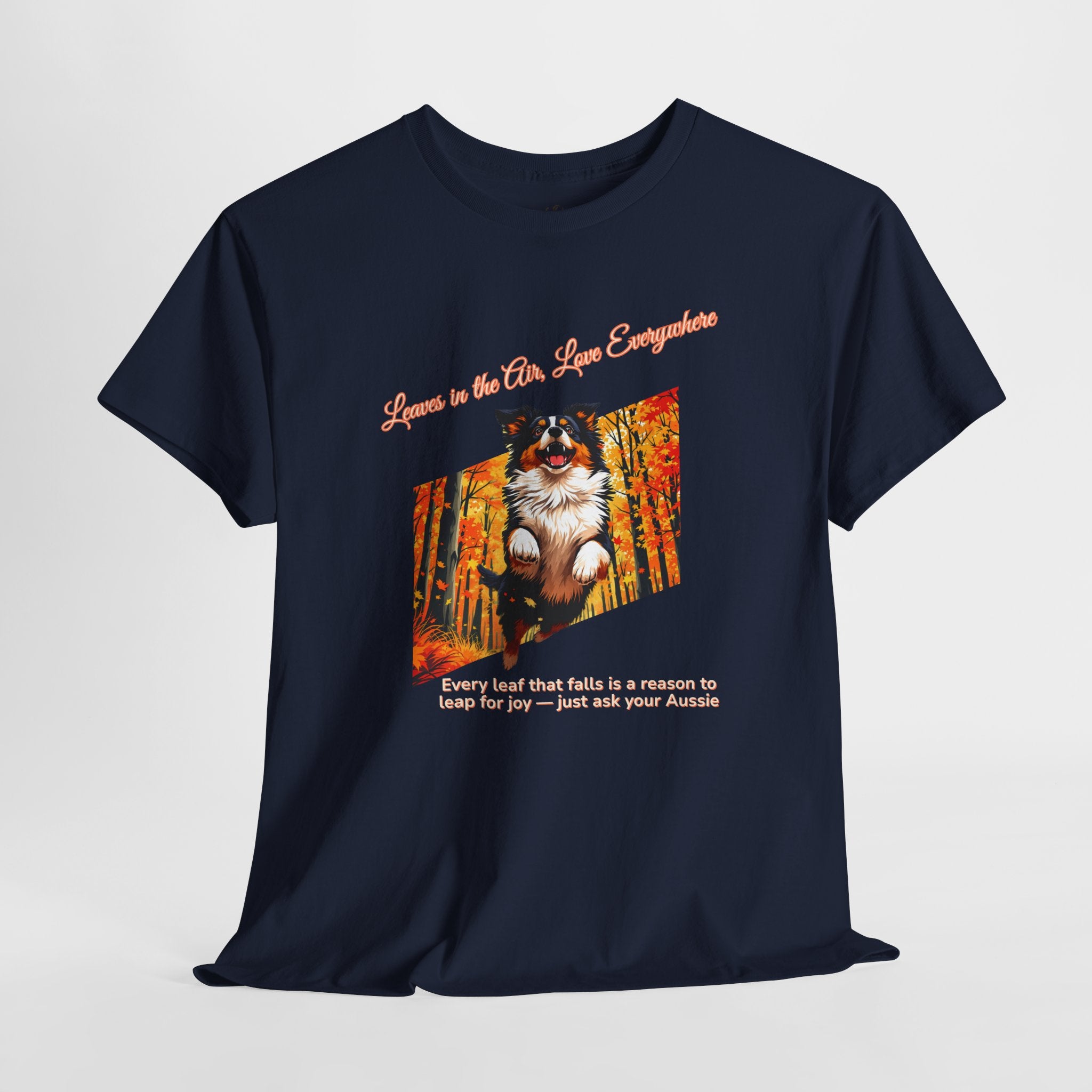 Unisex T-Shirt – Leaves in the Air, Love Everywhere: Australian Shepherd Autumn Shirt