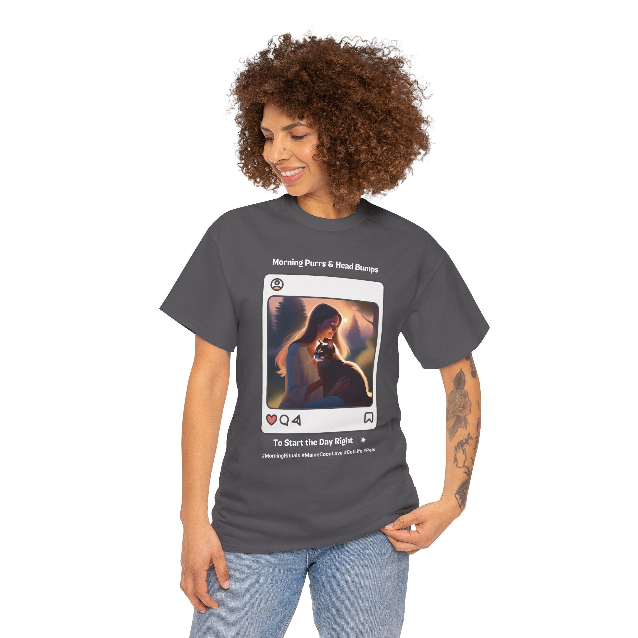 Women’s “Morning Purrs & Head Bumps” Maine Coon T‑Shirt – Uplifting Cat Mom Gift