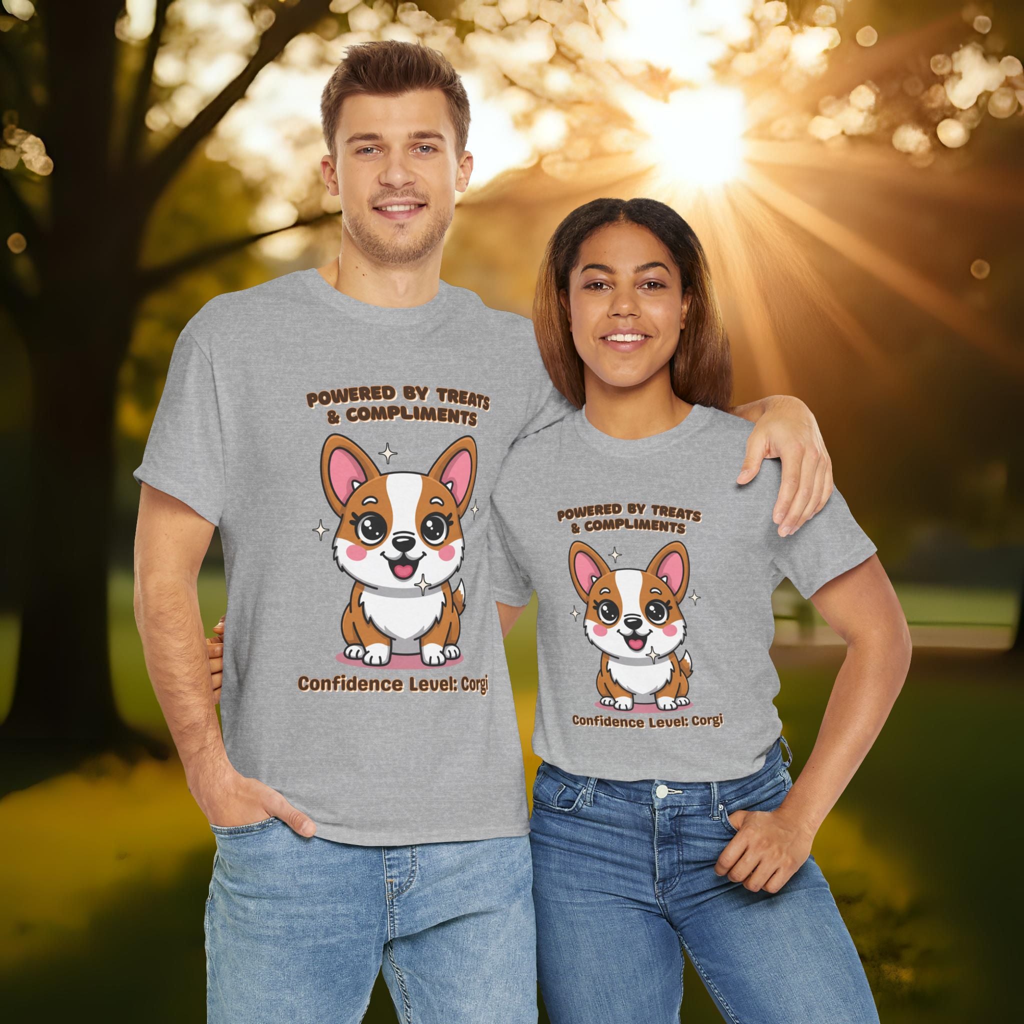 Unisex T-Shirt – Powered by Treats & Compliments: Corgi Everyday Moments Edition