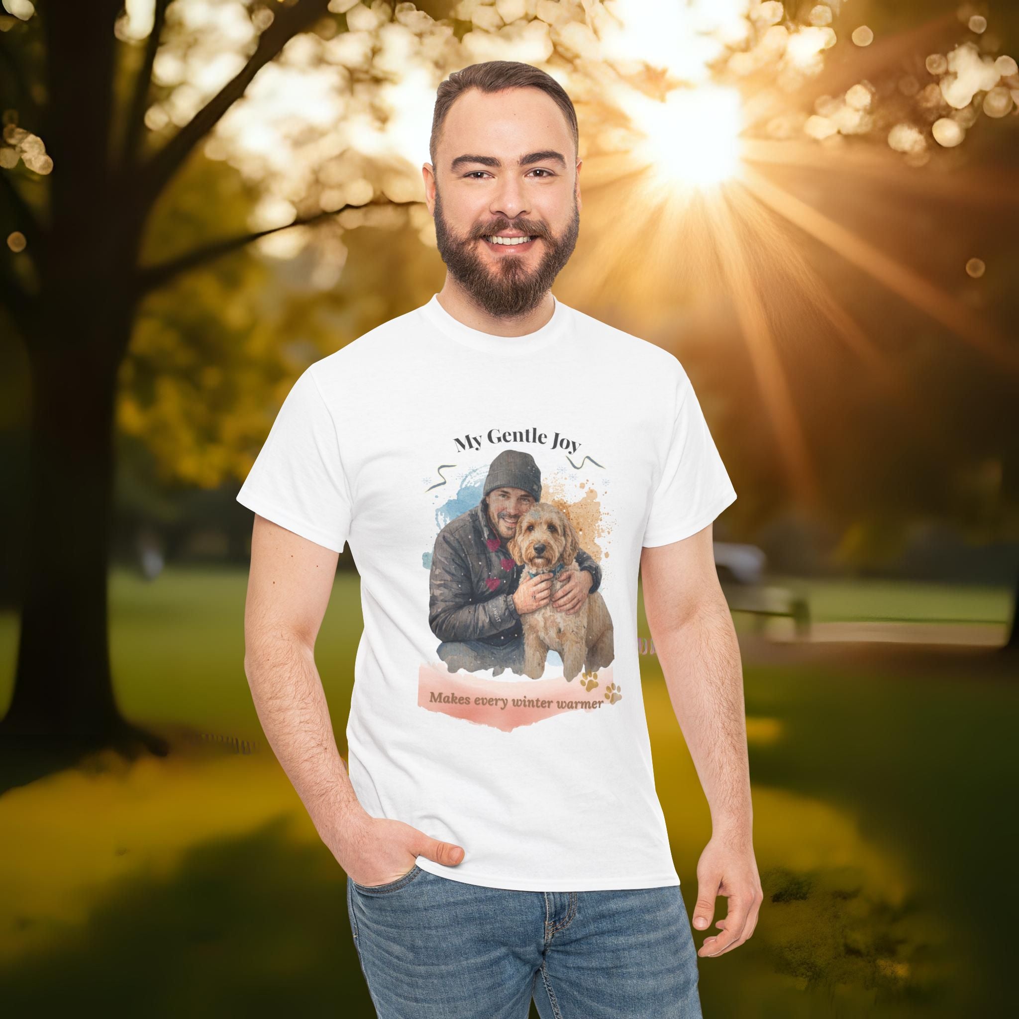 Unisex Personalized T-Shirt – My Gentle Joy: Custom Doodle (Goldendoodle/Labradoodle) Watercolor Winter Portrait