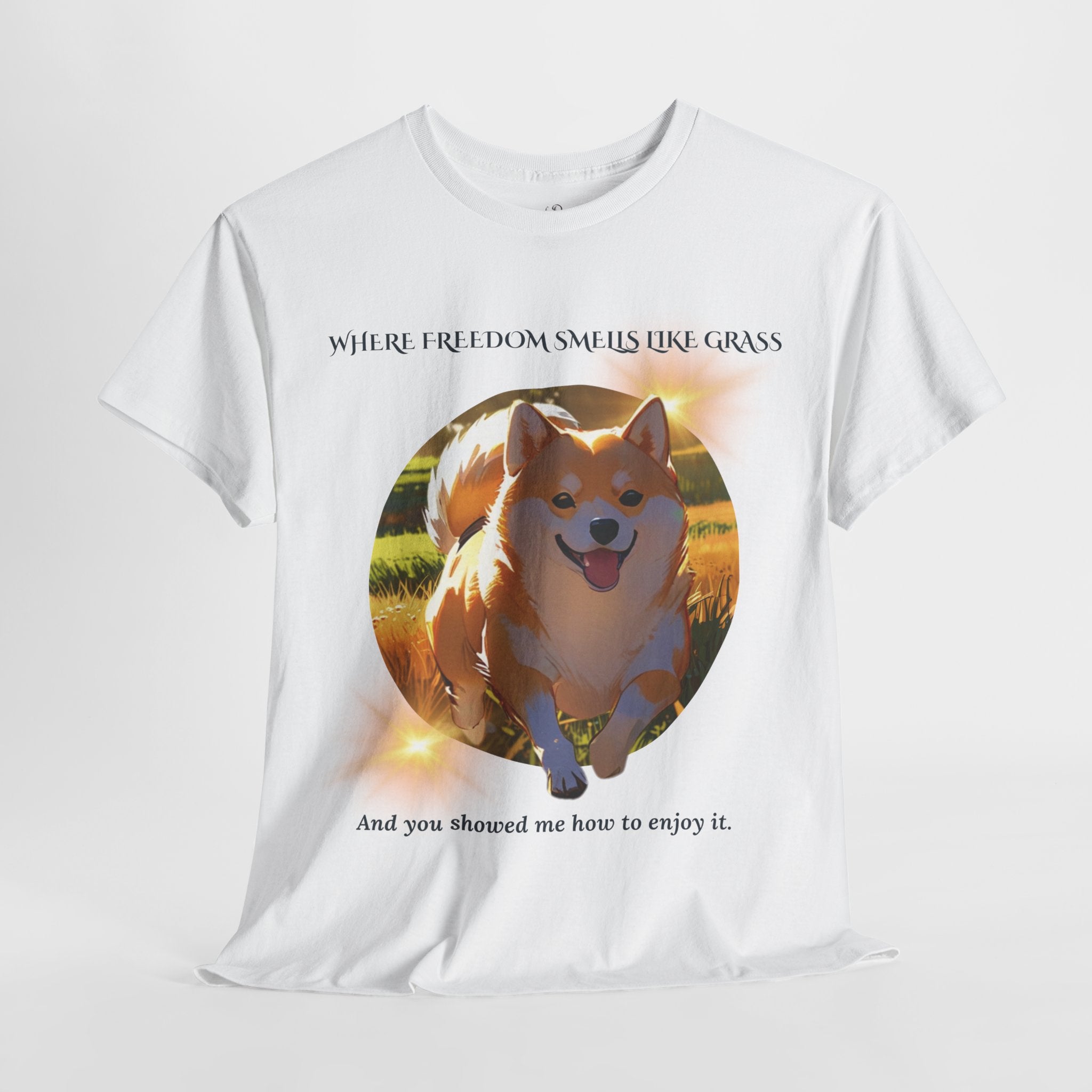 Unisex “Where Freedom Smells Like Grass” Shiba Inu T-Shirt – Dog Adventure Lover Tee