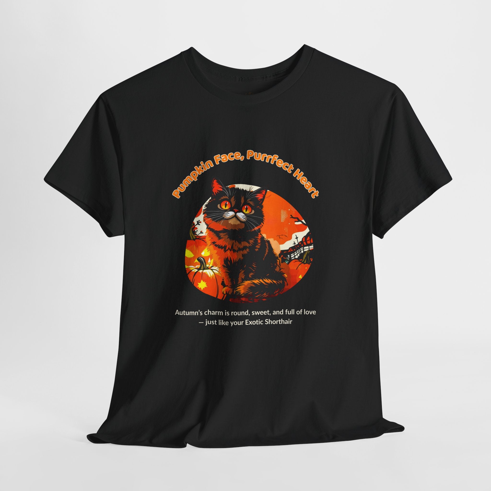 Unisex T-Shirt – Pumpkin Face, Purrfect Heart: Exotic Shorthair Fall Shirt