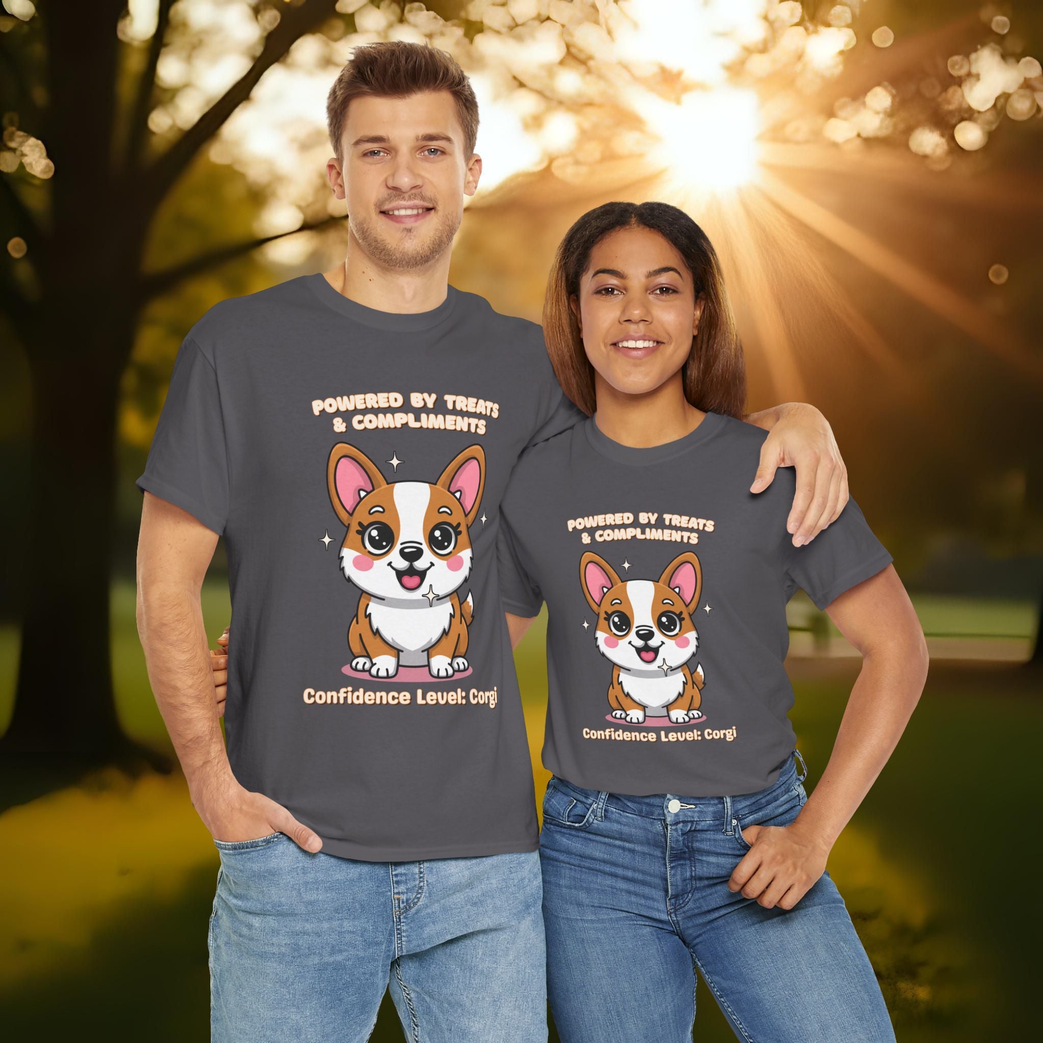 Unisex T-Shirt – Powered by Treats & Compliments: Corgi Everyday Moments Edition