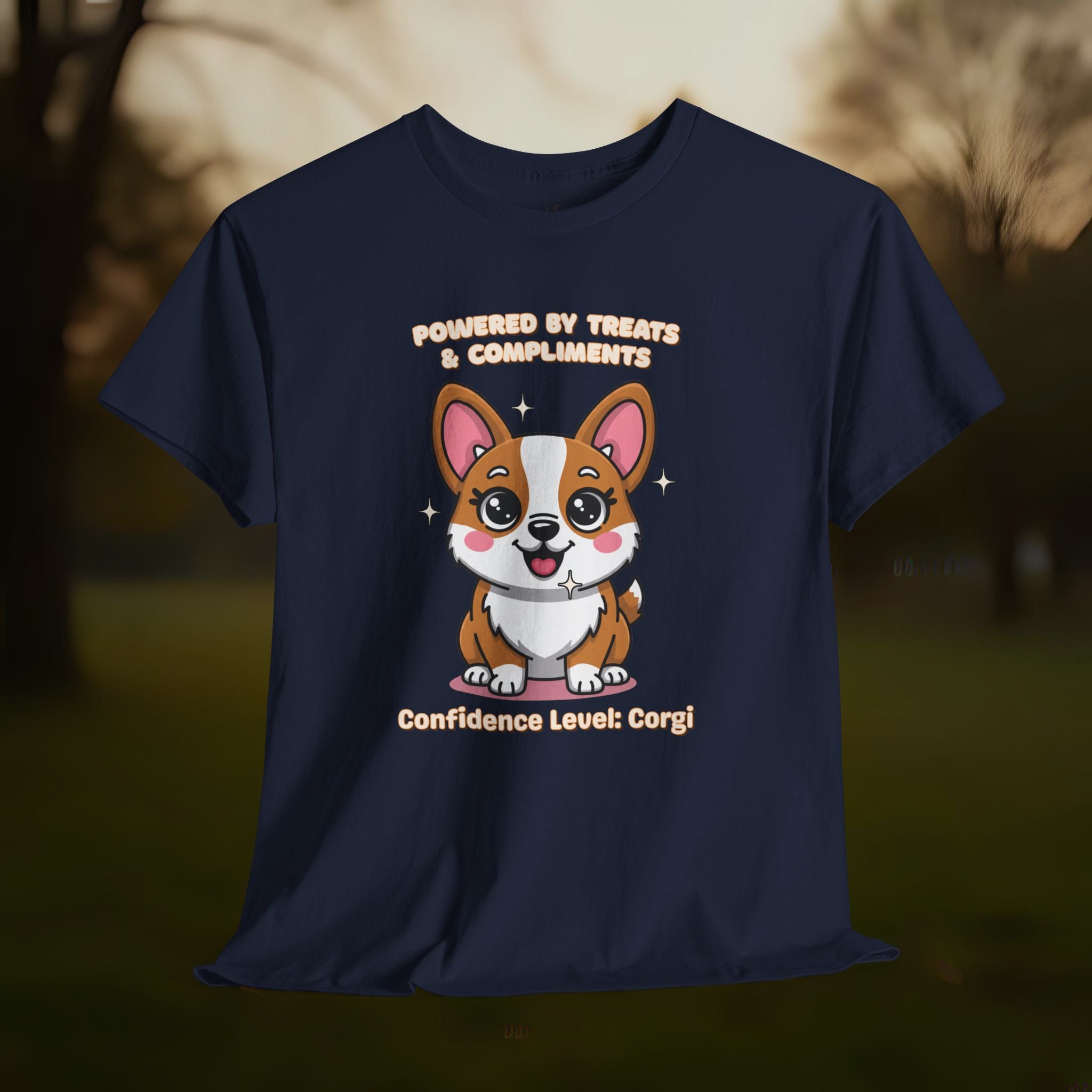 Unisex T-Shirt – Powered by Treats & Compliments: Corgi Everyday Moments Edition