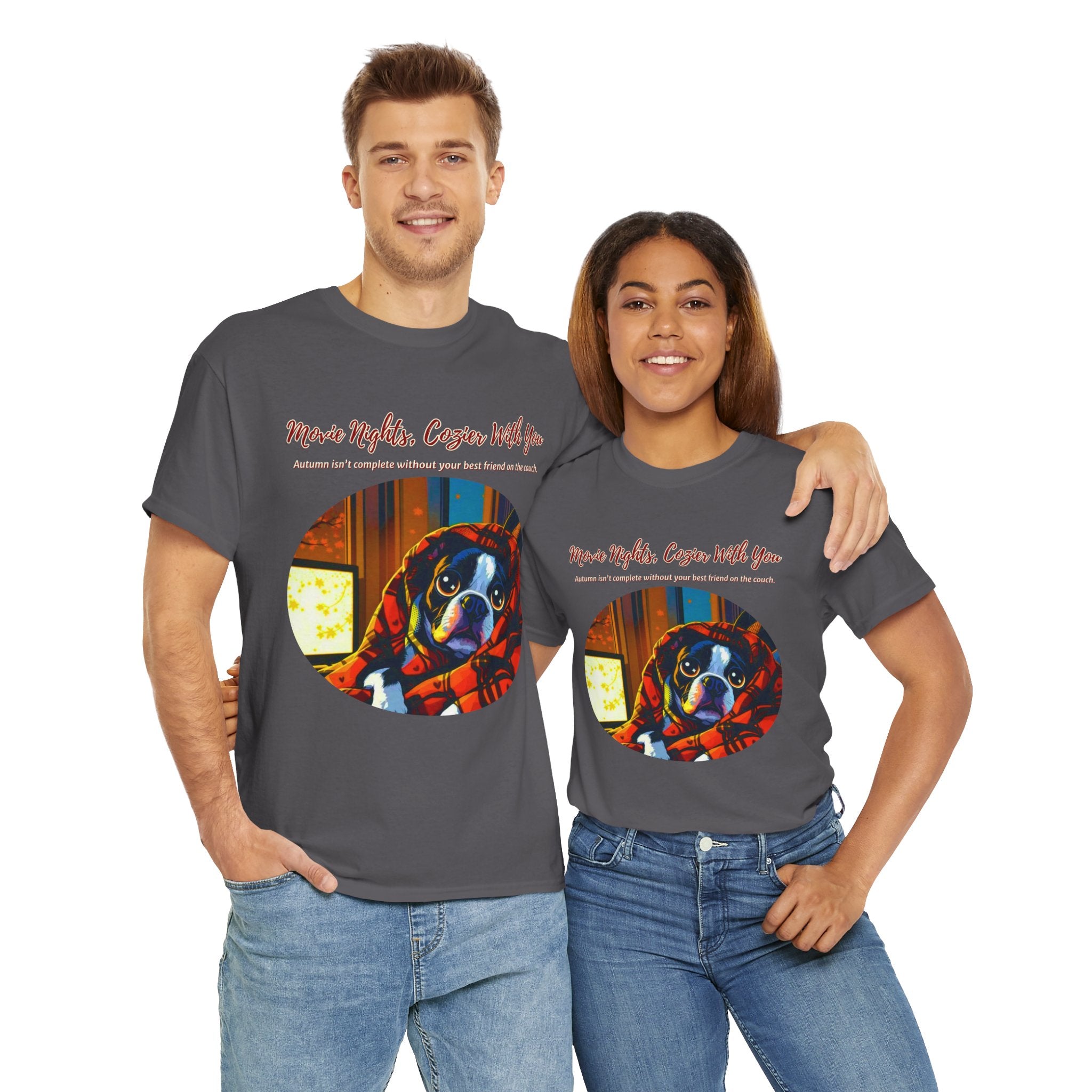 Unisex T-Shirt – Movie Nights, Cozier With You: Boston Terrier Fall Shirt