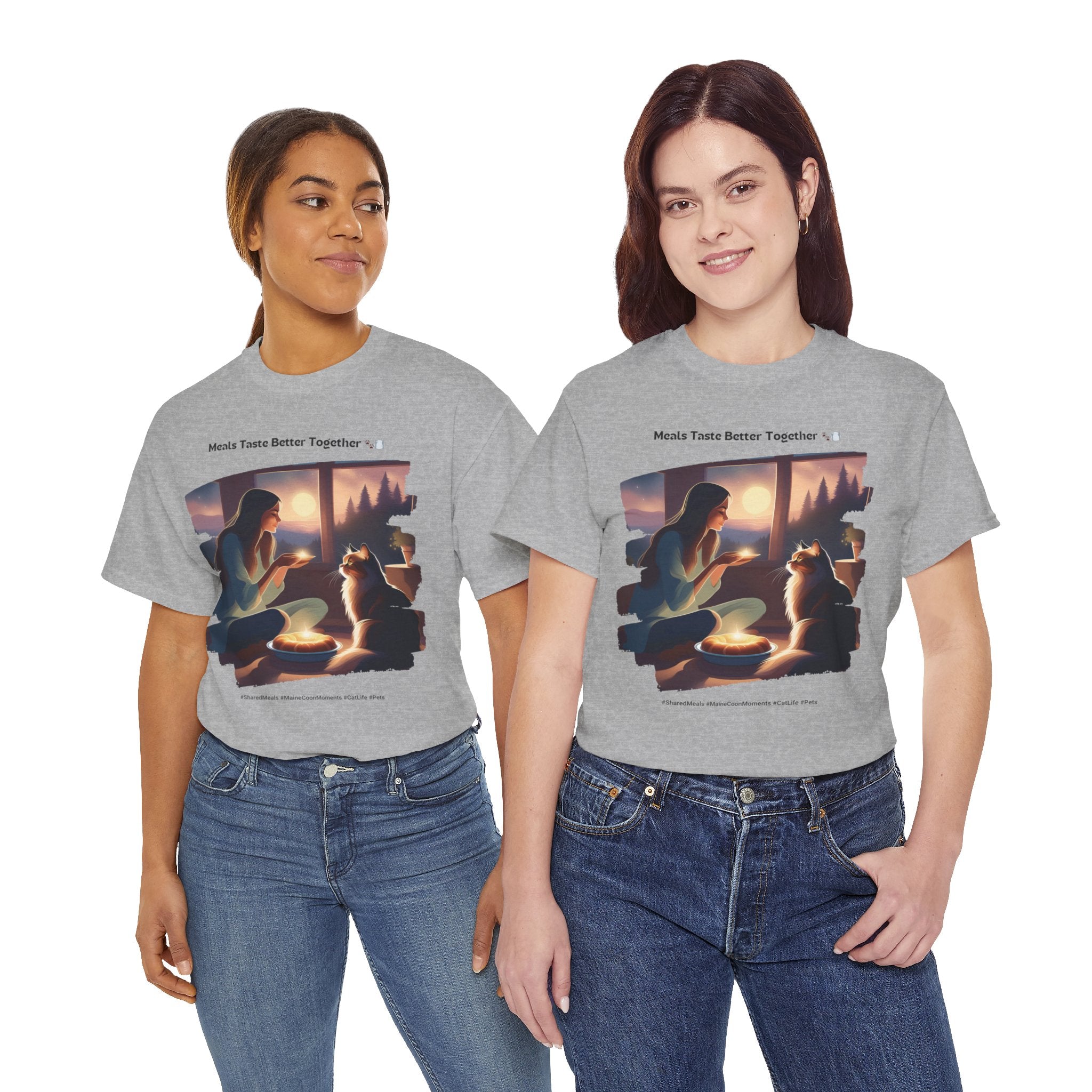 Women’s “Meals Taste Better Together” Maine Coon T‑Shirt – Meal Buddy Cat Gift