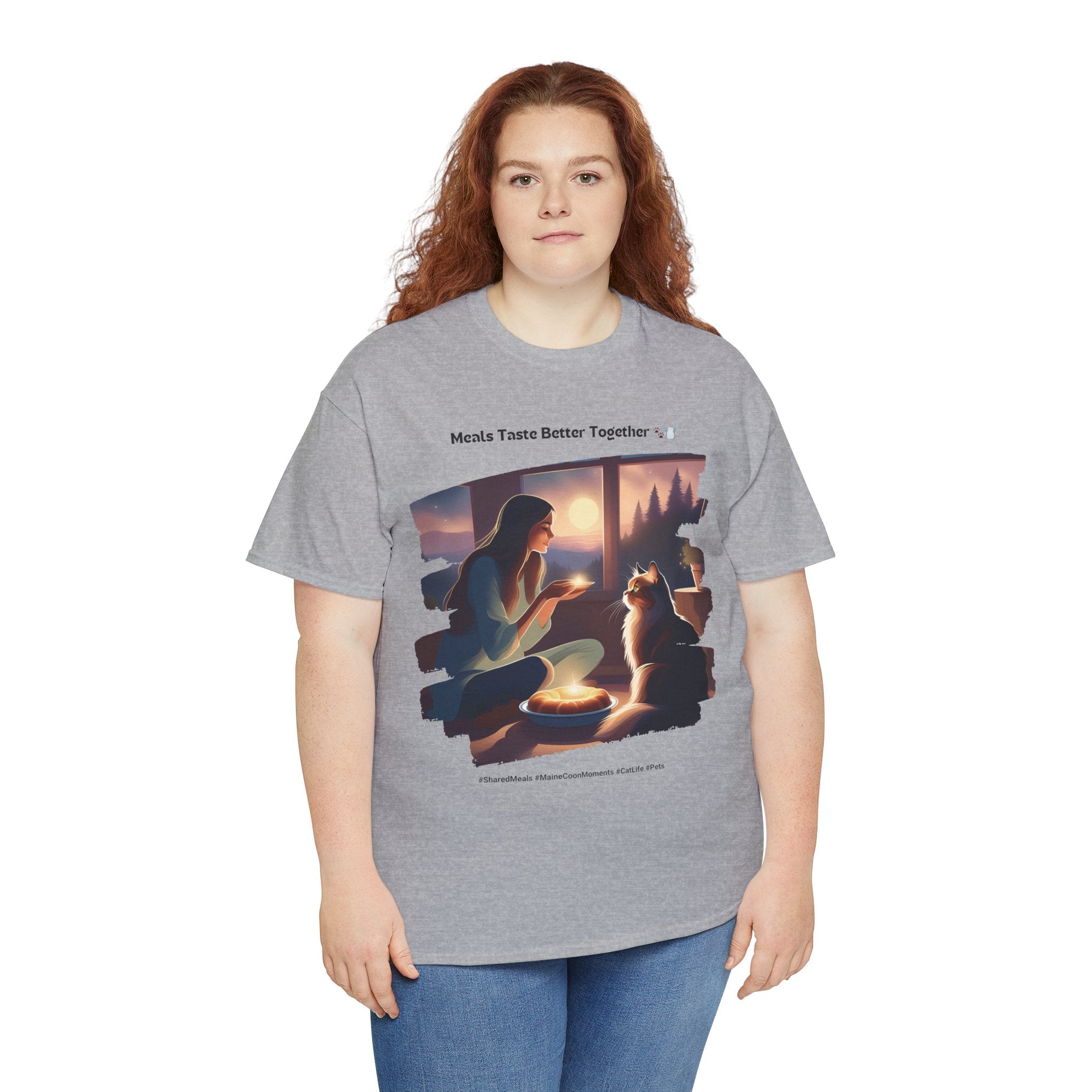 Women’s “Meals Taste Better Together” Maine Coon T‑Shirt – Meal Buddy Cat Gift