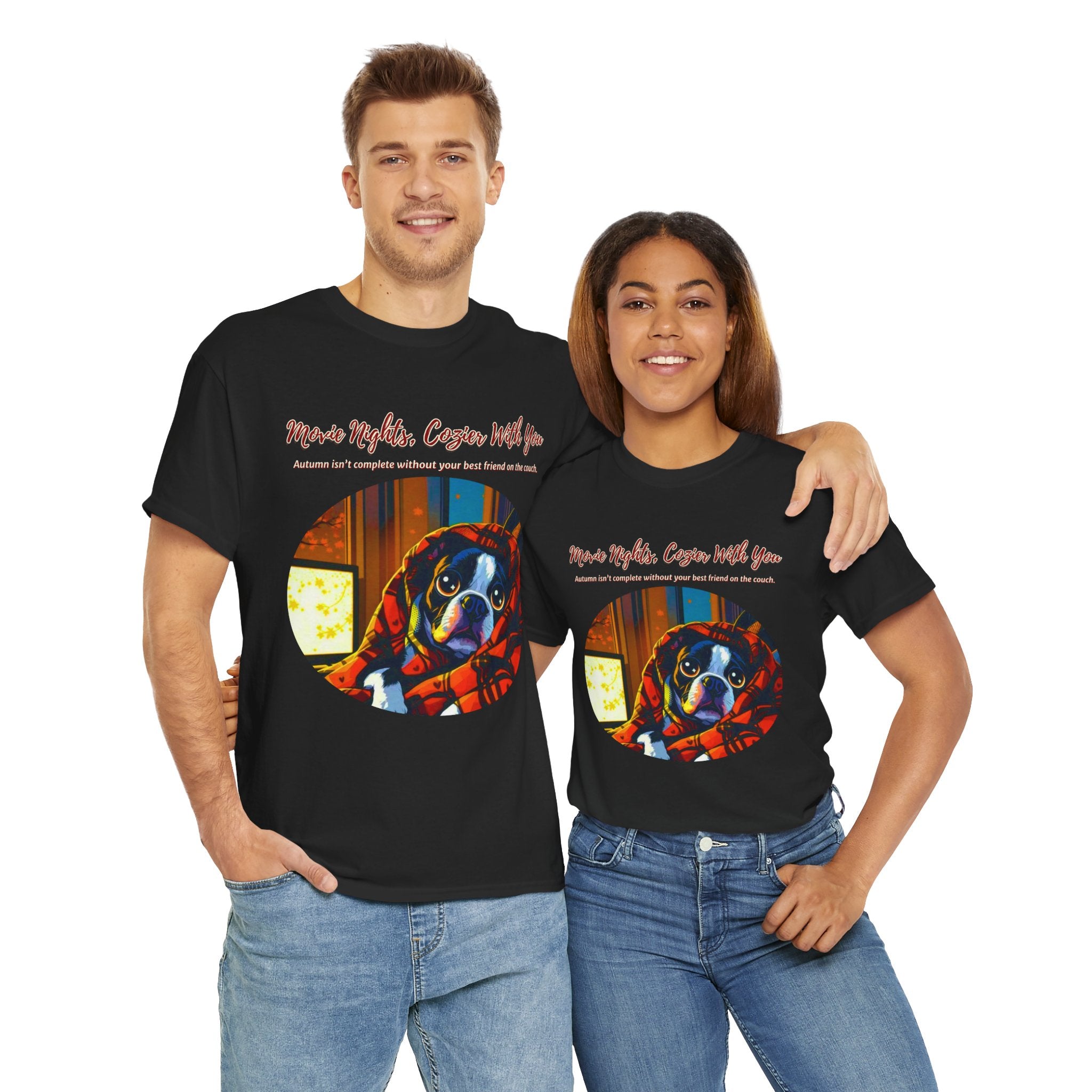Unisex T-Shirt – Movie Nights, Cozier With You: Boston Terrier Fall Shirt