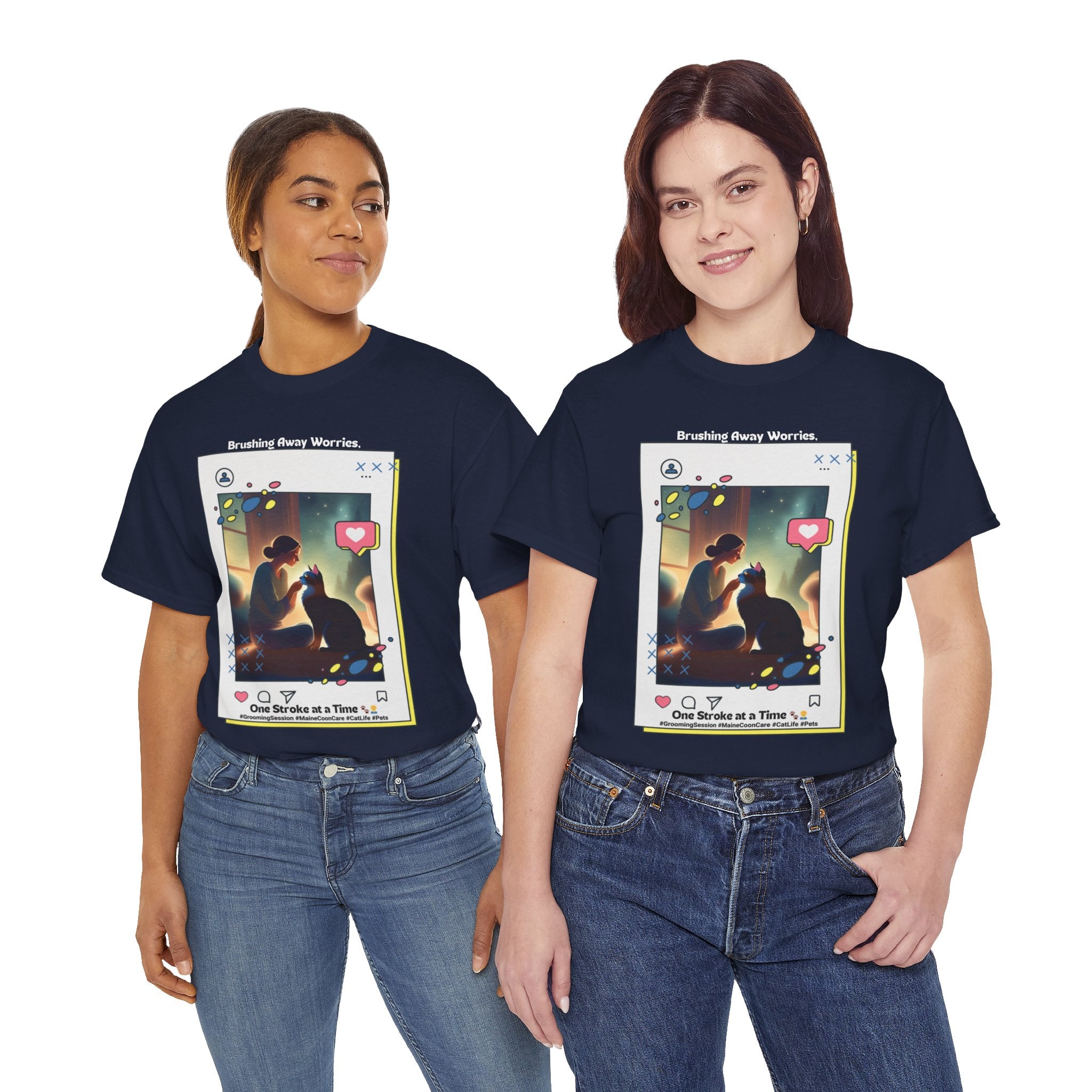 Women’s “Brushing Away Worries” Maine Coon T‑Shirt – Relaxing Grooming Tee