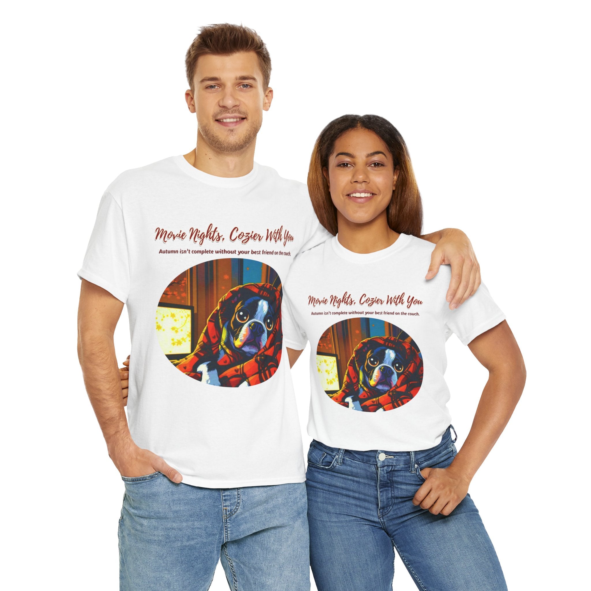 Unisex T-Shirt – Movie Nights, Cozier With You: Boston Terrier Fall Shirt