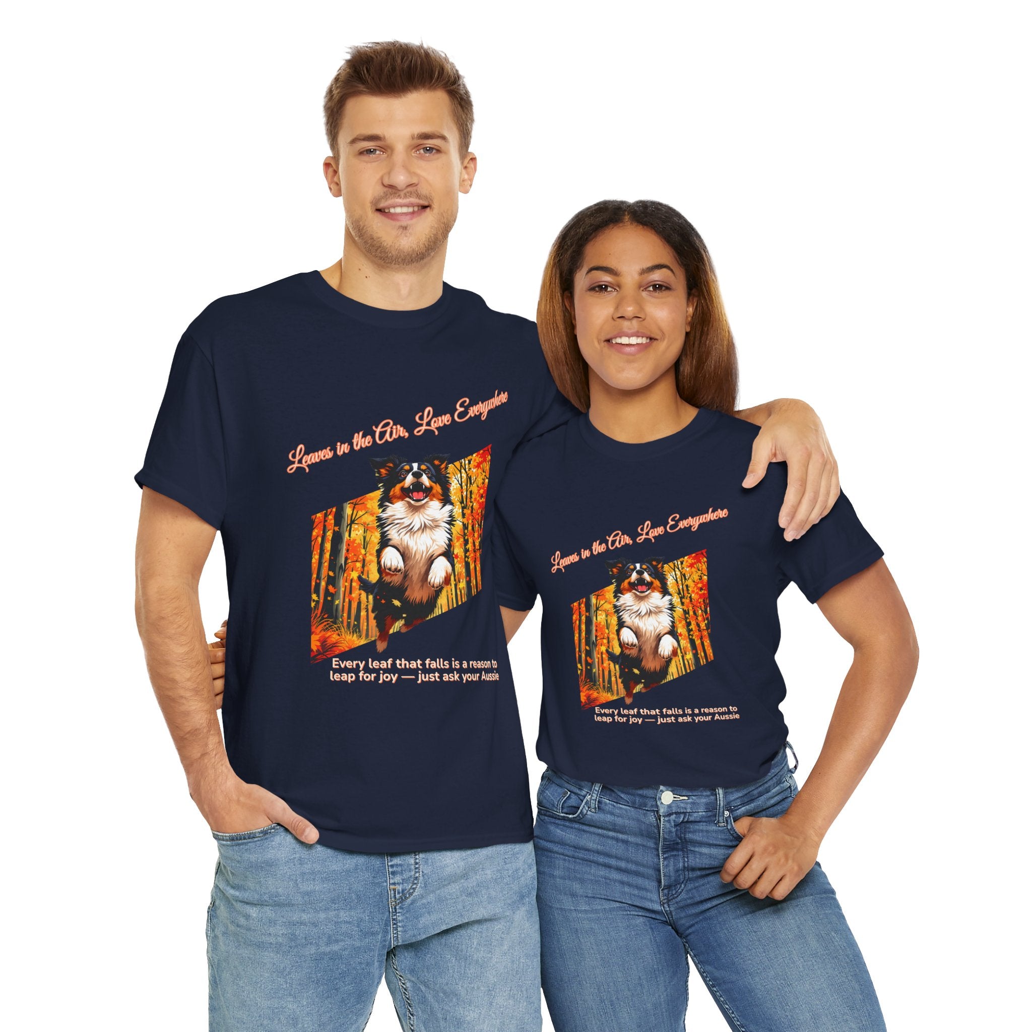 Unisex T-Shirt – Leaves in the Air, Love Everywhere: Australian Shepherd Autumn Shirt