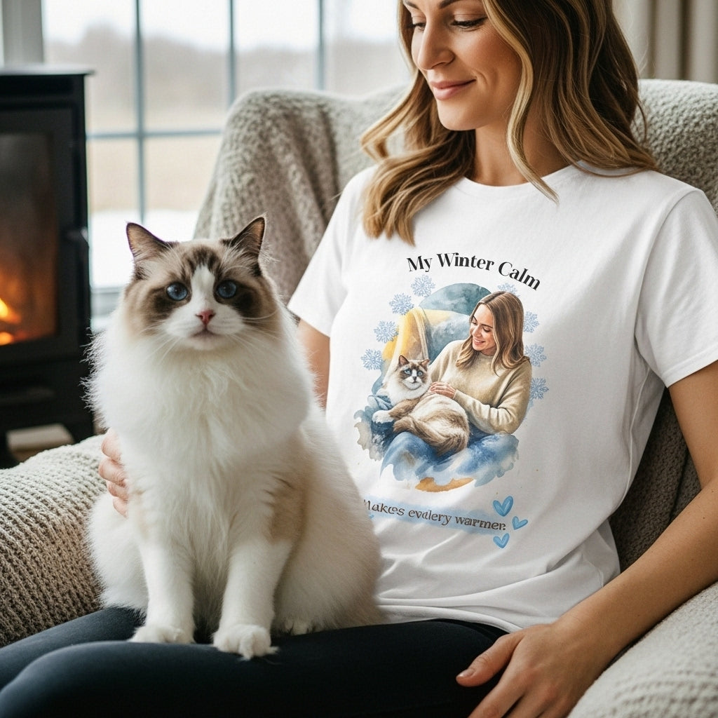 Unisex Personalized T-Shirt – My Winter Calm: Custom Ragdoll Watercolor Winter Portrait