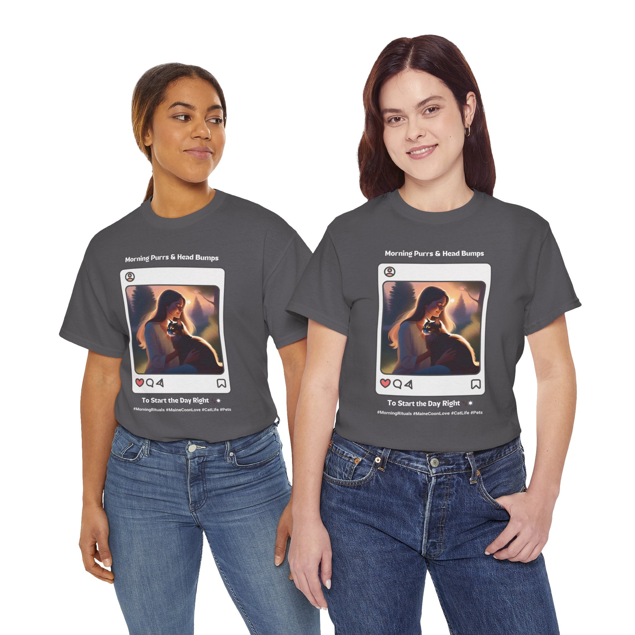 Women’s “Morning Purrs & Head Bumps” Maine Coon T‑Shirt – Uplifting Cat Mom Gift