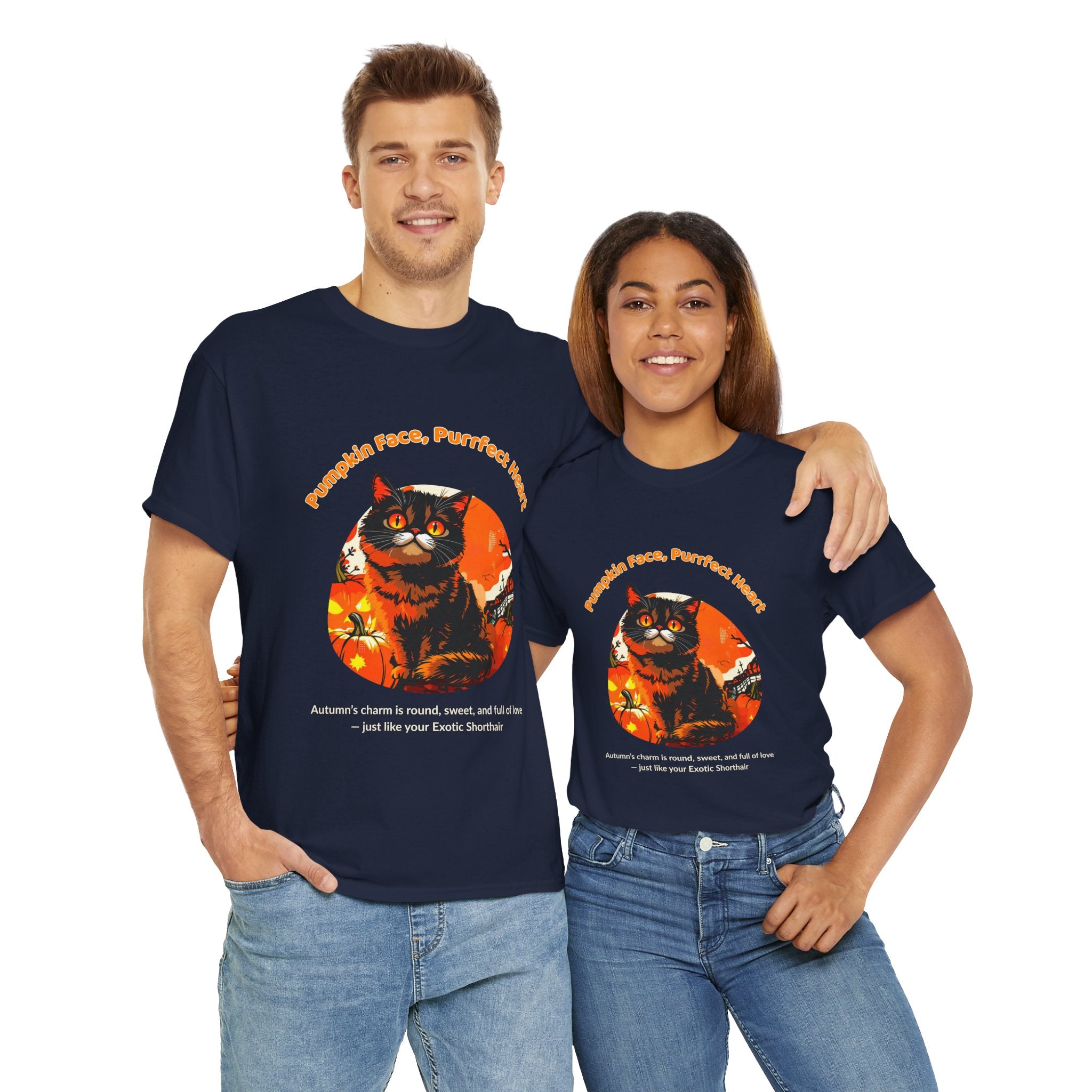 Unisex T-Shirt – Pumpkin Face, Purrfect Heart: Exotic Shorthair Fall Shirt