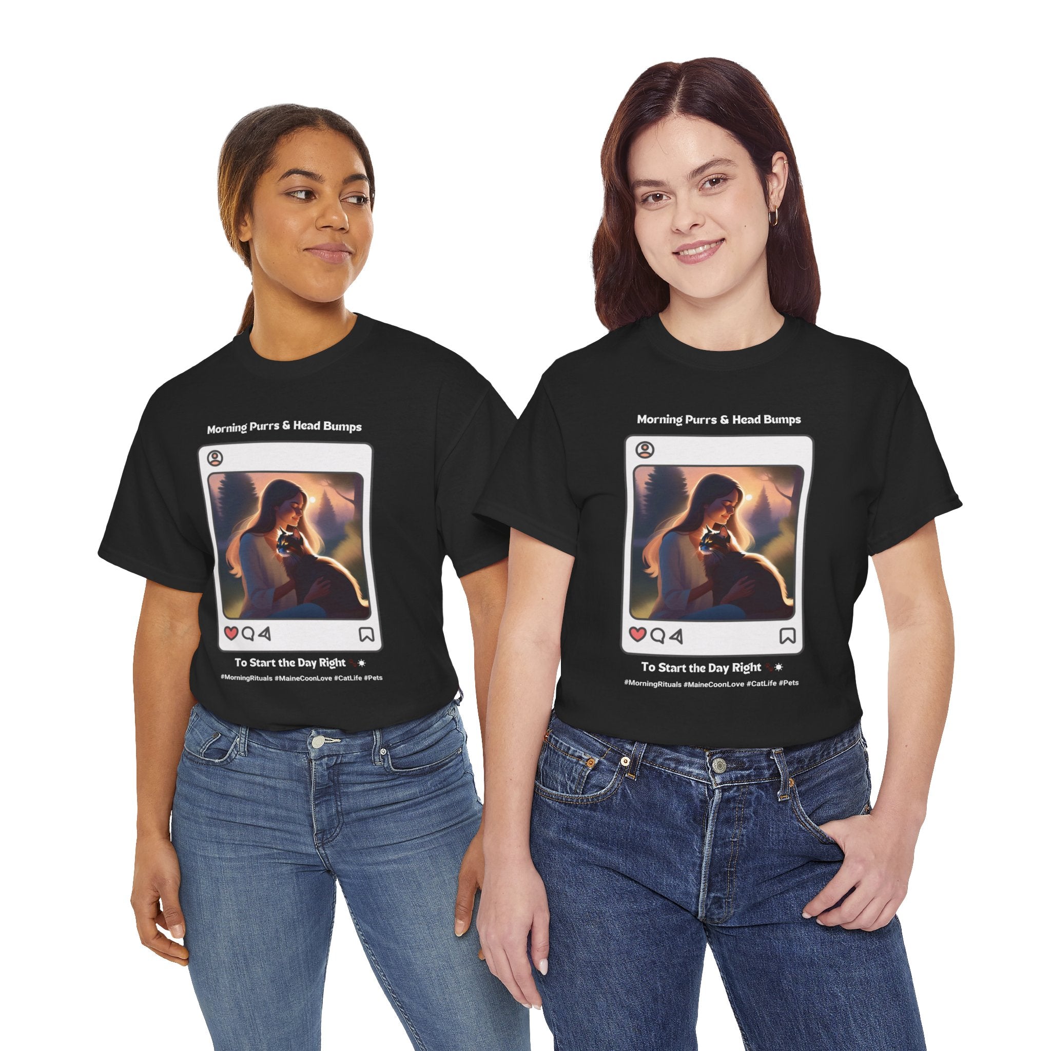 Women’s “Morning Purrs & Head Bumps” Maine Coon T‑Shirt – Uplifting Cat Mom Gift